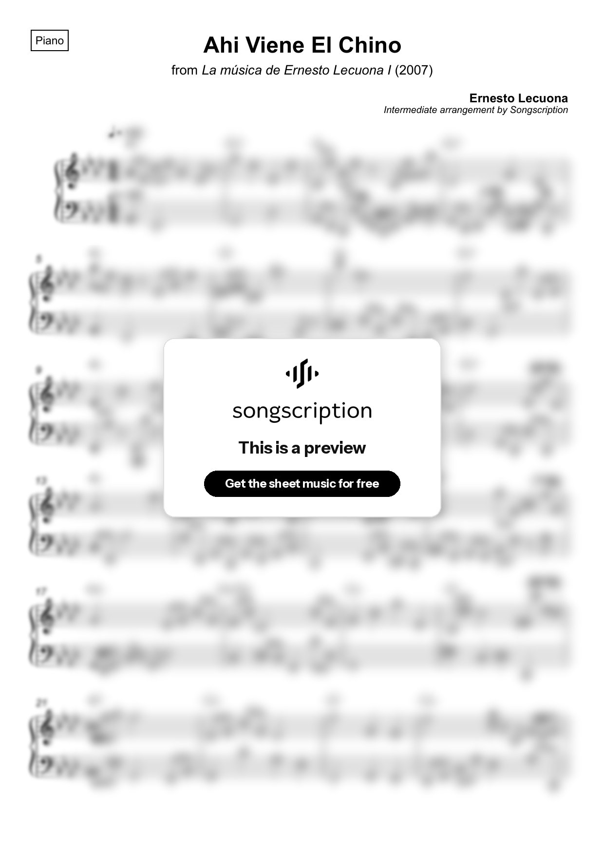 Intermediate Piano Sheet Music for "Ahi Viene El Chino" by Ernesto Lecuona