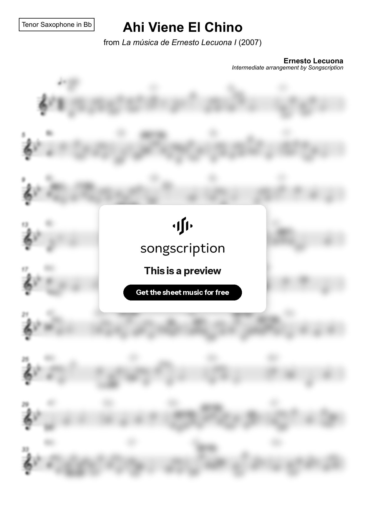 Intermediate Tenor Sax Sheet Music for "Ahi Viene El Chino" by Ernesto Lecuona