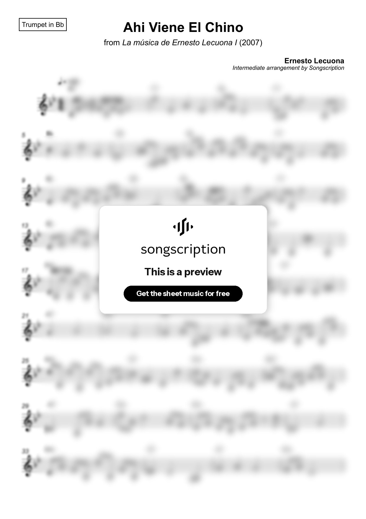 Intermediate Trumpet Sheet Music for "Ahi Viene El Chino" by Ernesto Lecuona