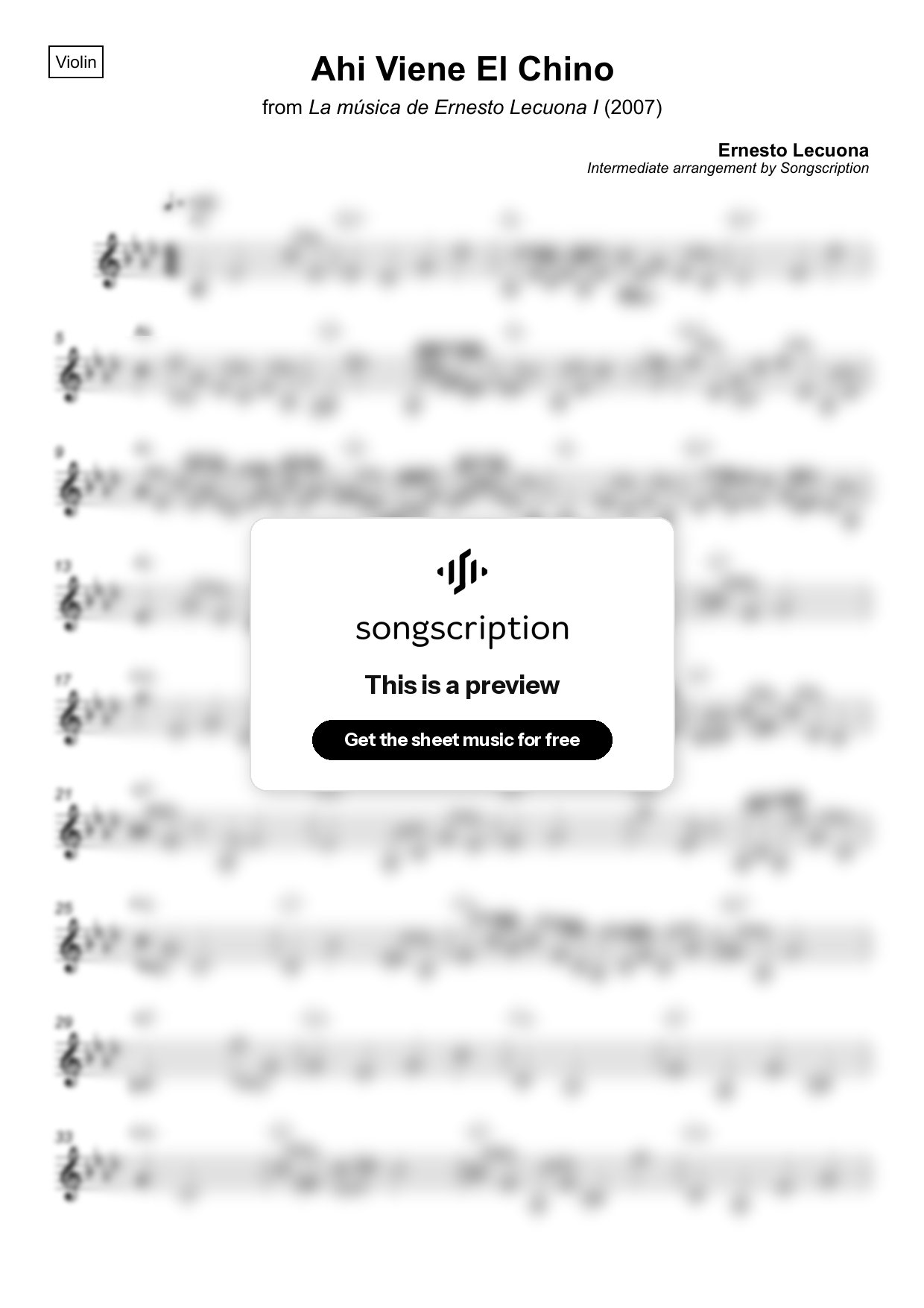 Intermediate Violin Sheet Music for "Ahi Viene El Chino" by Ernesto Lecuona