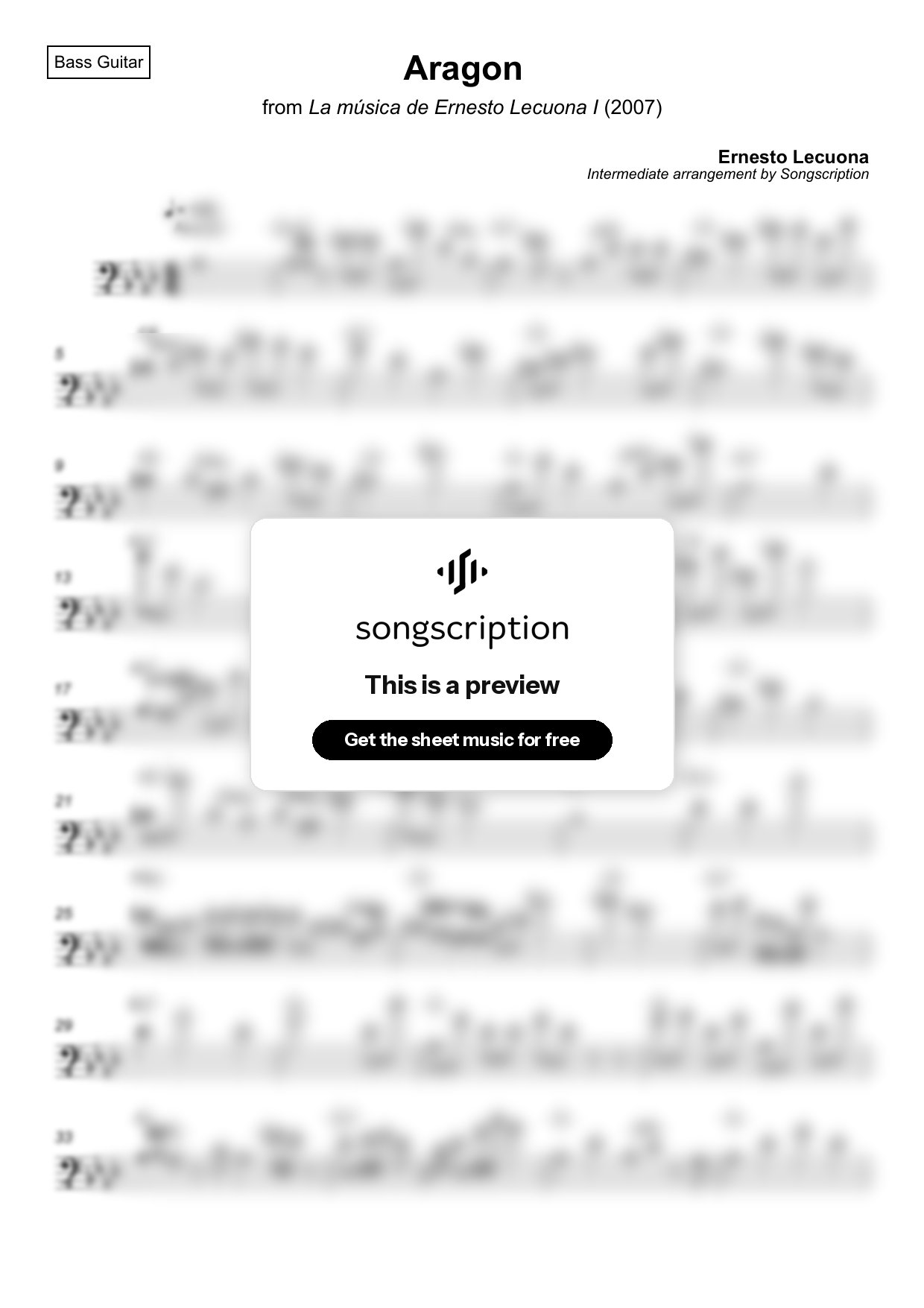 Intermediate Bass Guitar Sheet Music for "Aragon" by Ernesto Lecuona