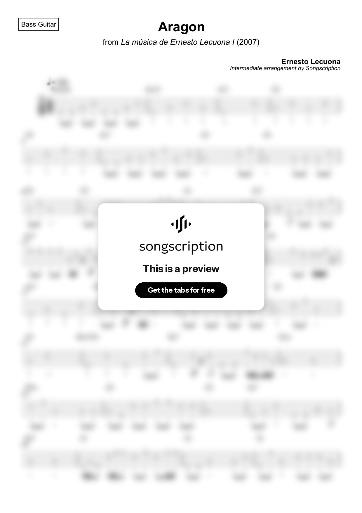 Intermediate Bass Guitar Tabs for "Aragon" by Ernesto Lecuona