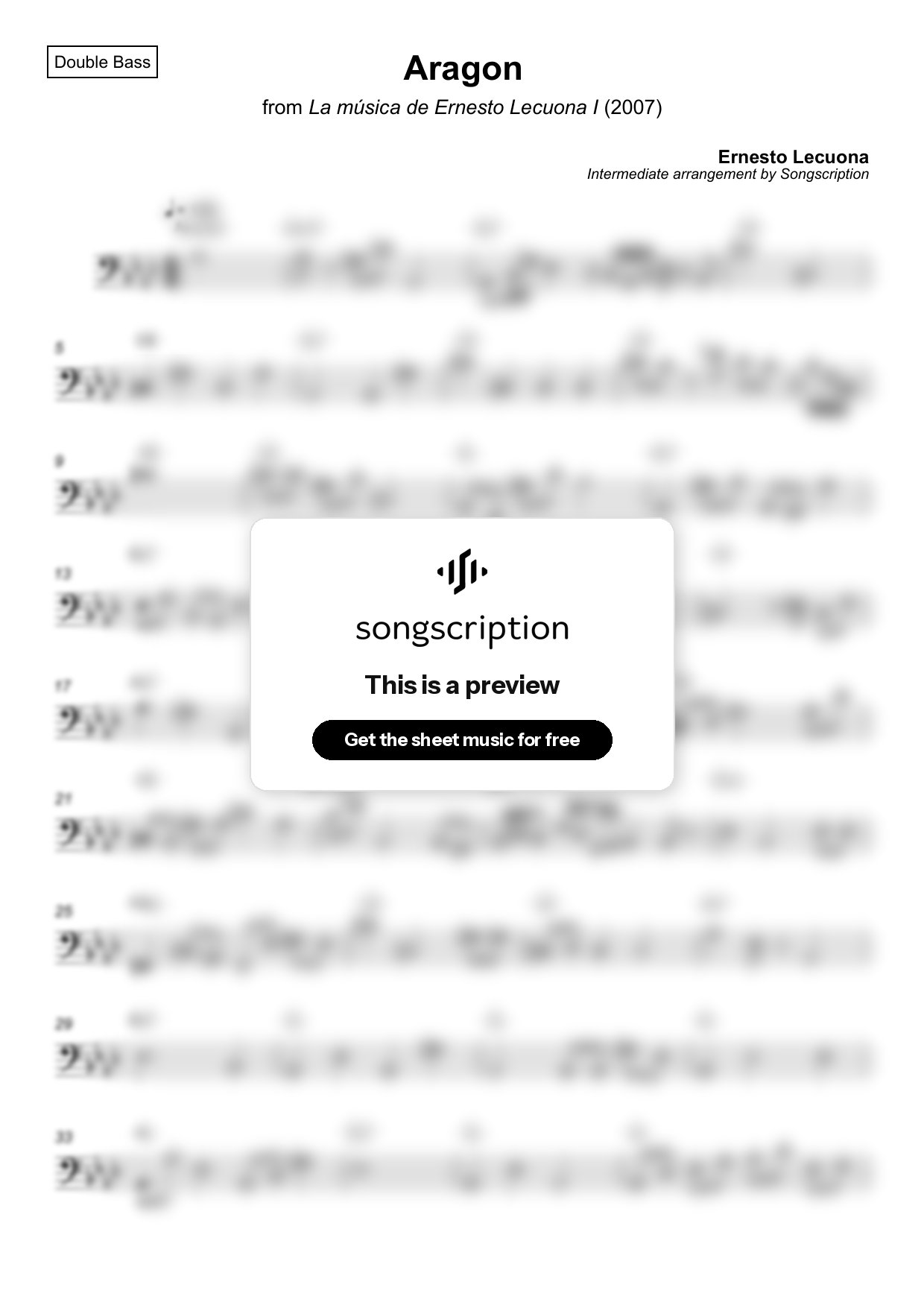 Intermediate Double Bass Sheet Music for "Aragon" by Ernesto Lecuona