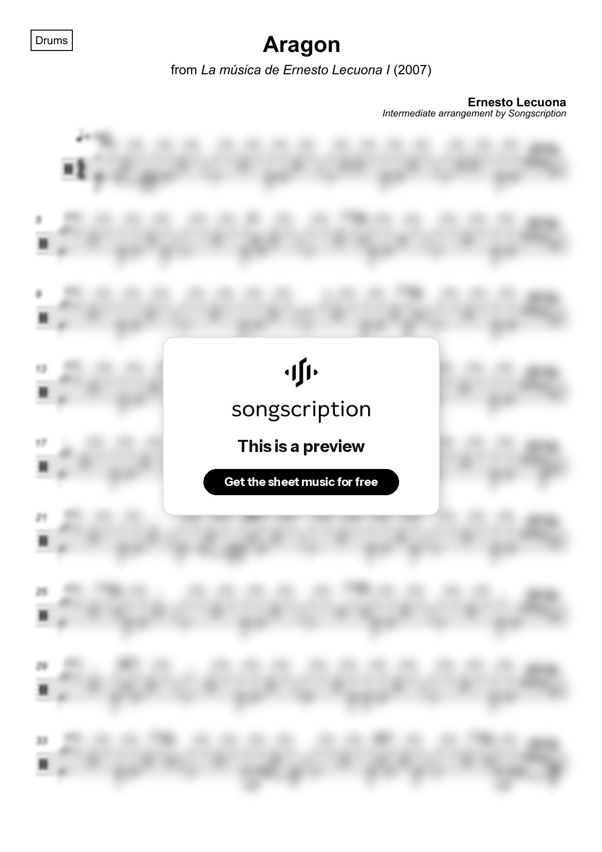 Intermediate Drums Sheet Music for "Aragon" by Ernesto Lecuona