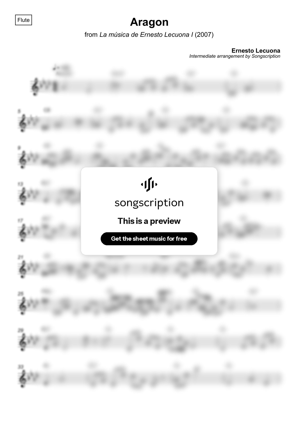 Intermediate Flute Sheet Music for "Aragon" by Ernesto Lecuona
