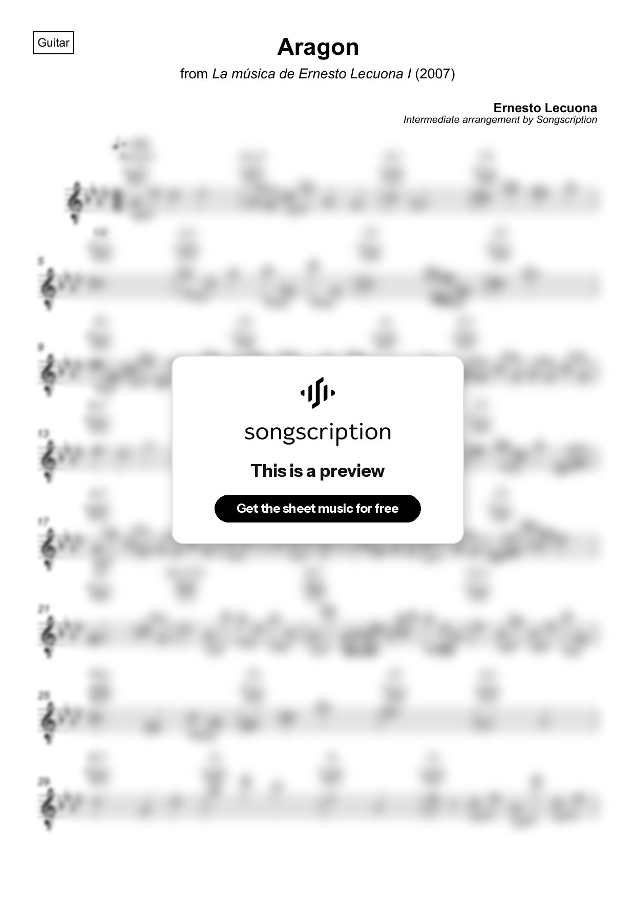 Intermediate Acoustic Guitar Sheet Music for "Aragon" by Ernesto Lecuona