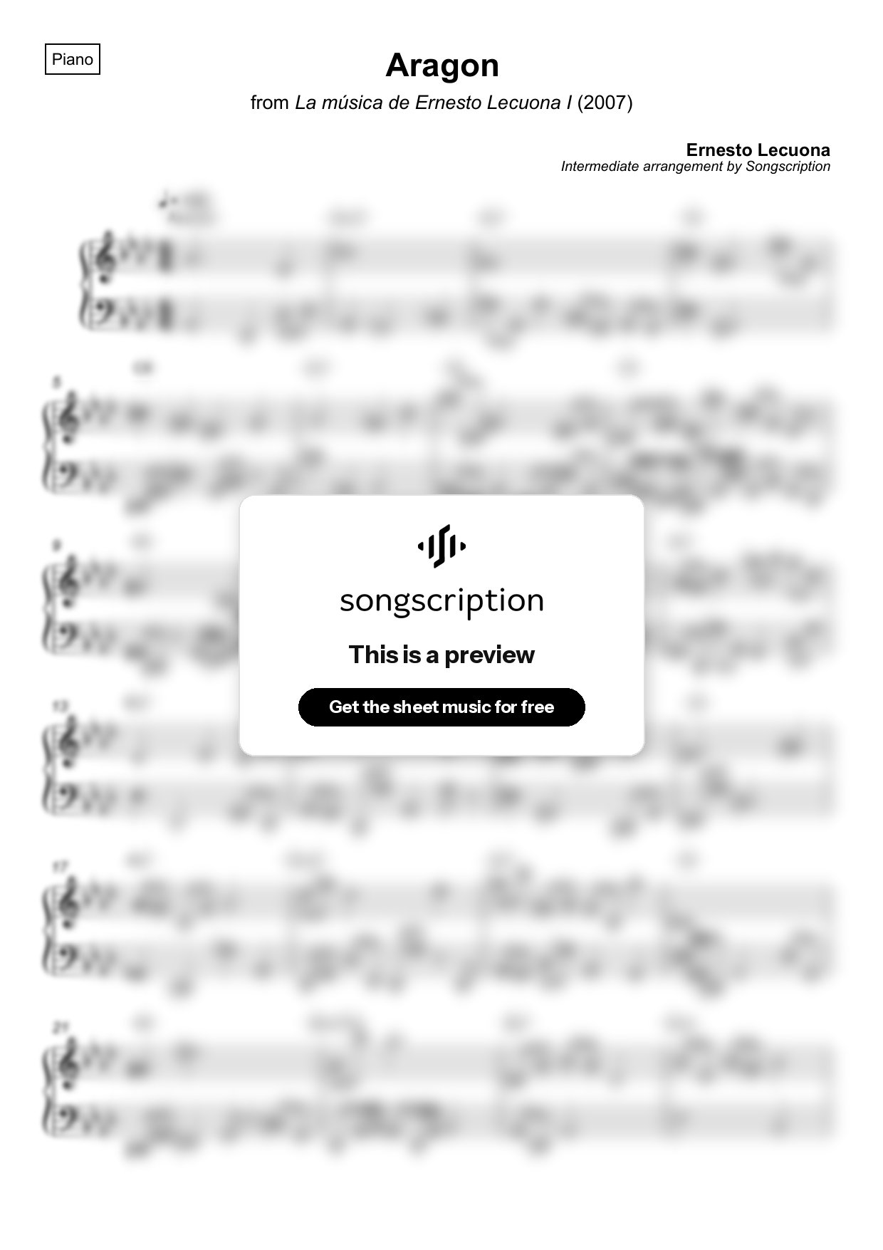 Intermediate Piano Sheet Music for "Aragon" by Ernesto Lecuona