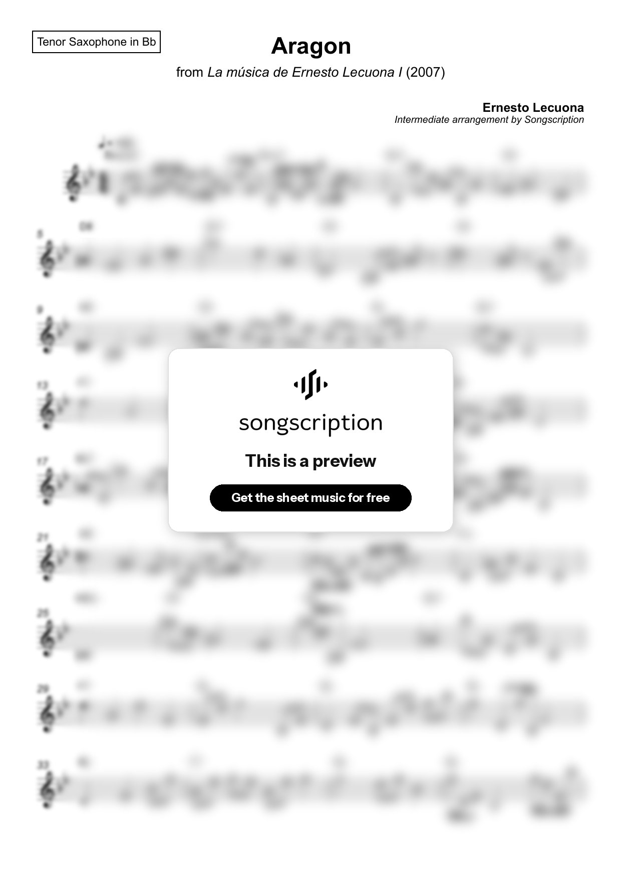 Intermediate Tenor Sax Sheet Music for "Aragon" by Ernesto Lecuona