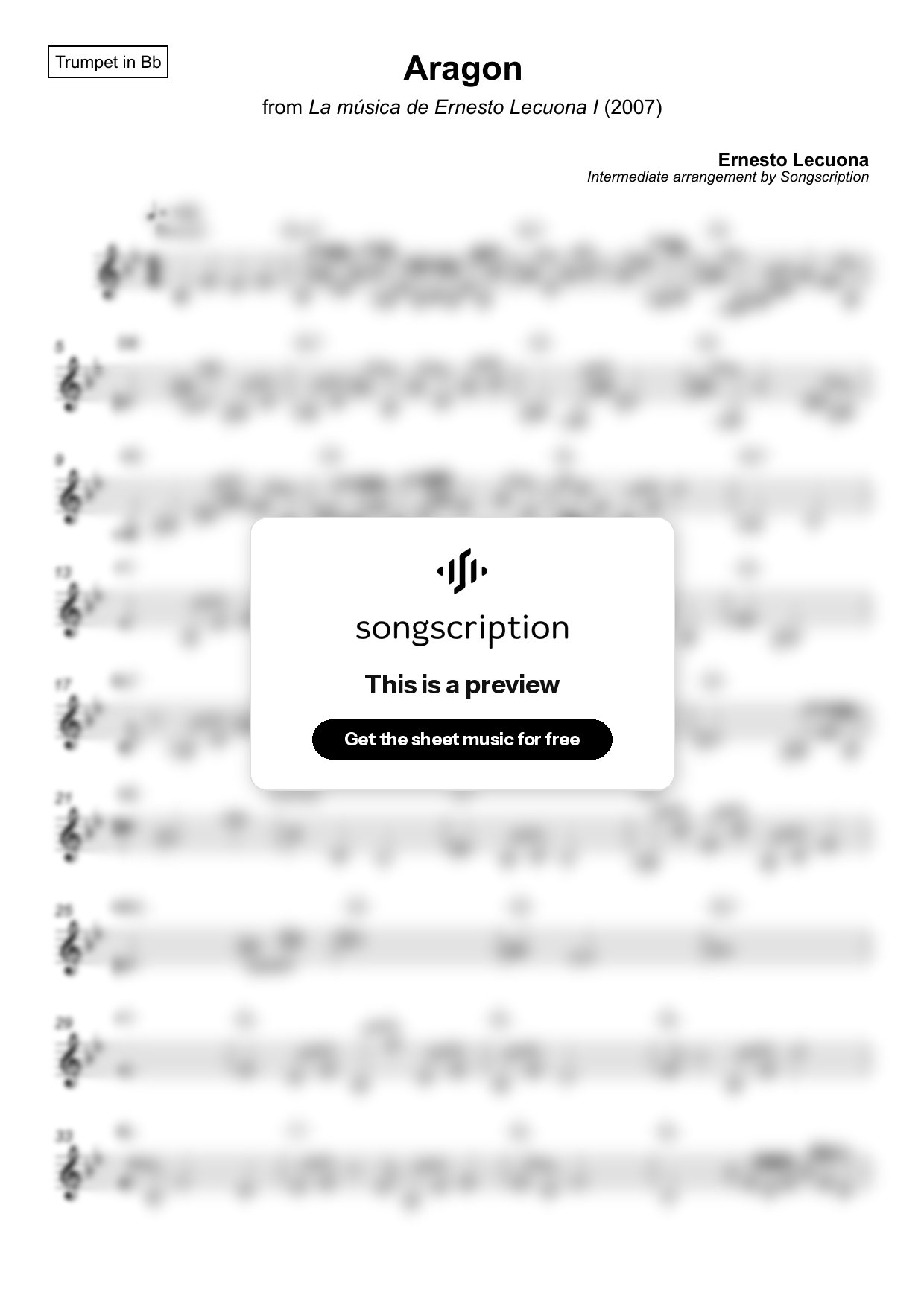 Intermediate Trumpet Sheet Music for "Aragon" by Ernesto Lecuona