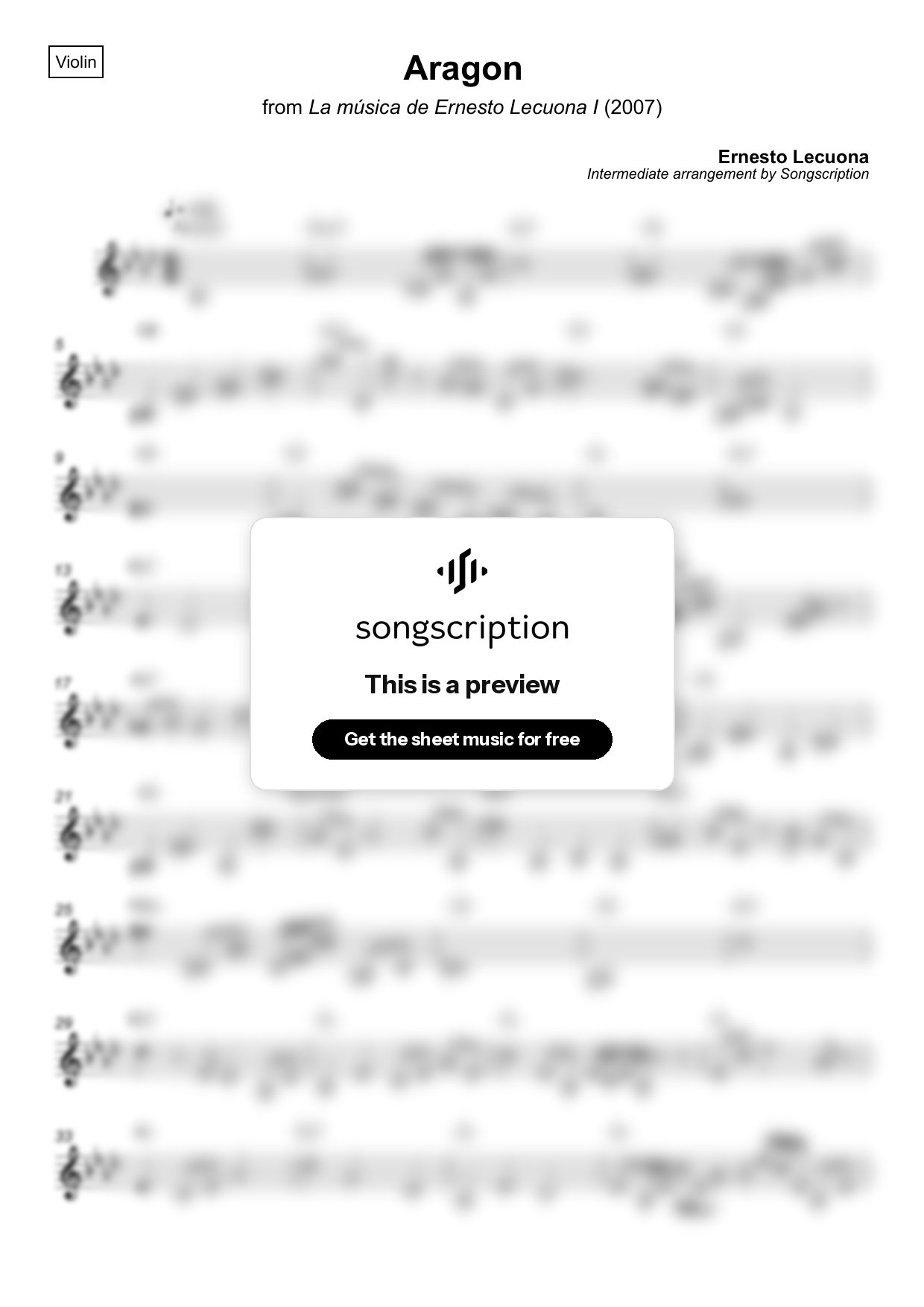 Intermediate Violin Sheet Music for "Aragon" by Ernesto Lecuona