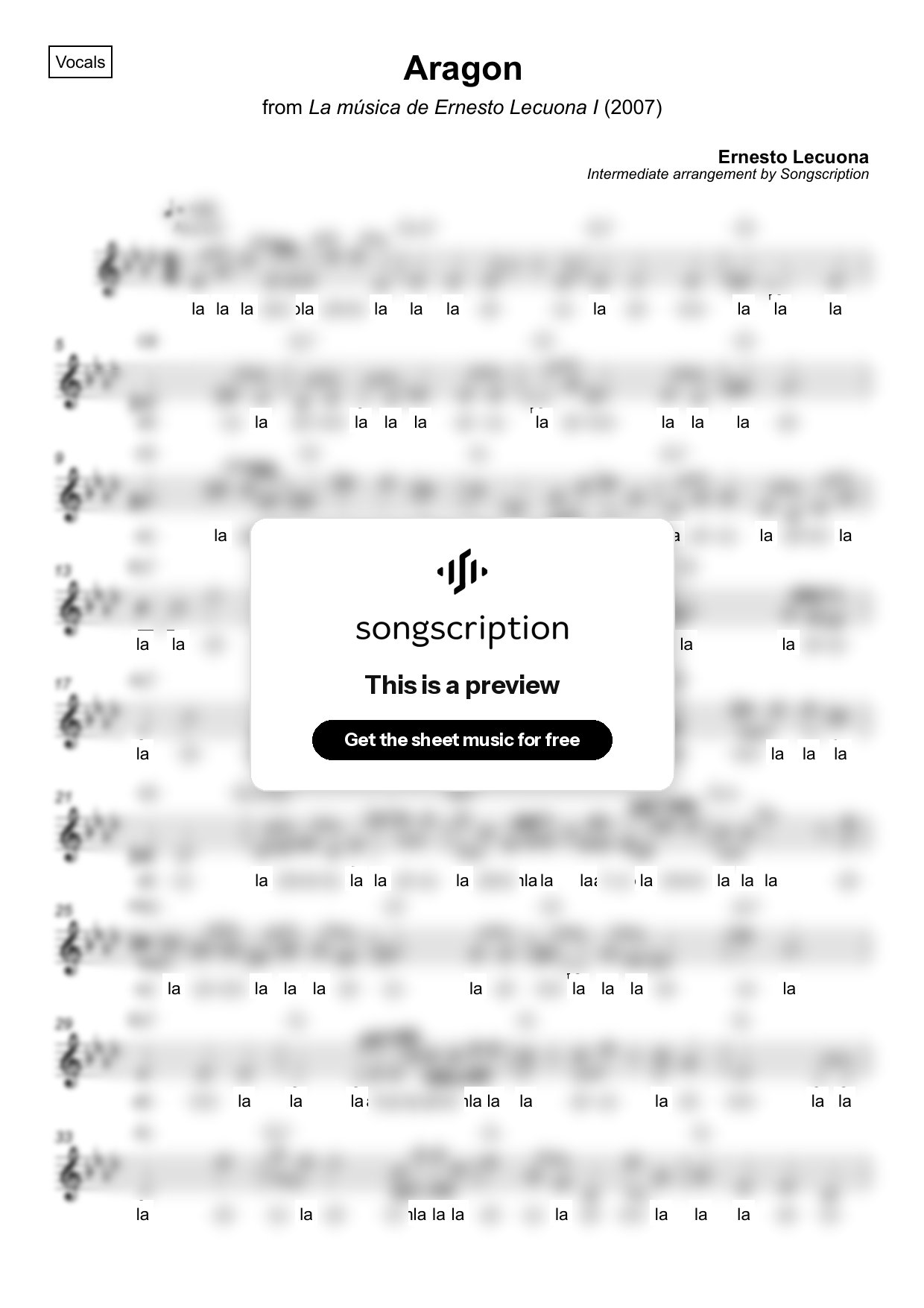 Intermediate Vocals Sheet Music for "Aragon" by Ernesto Lecuona