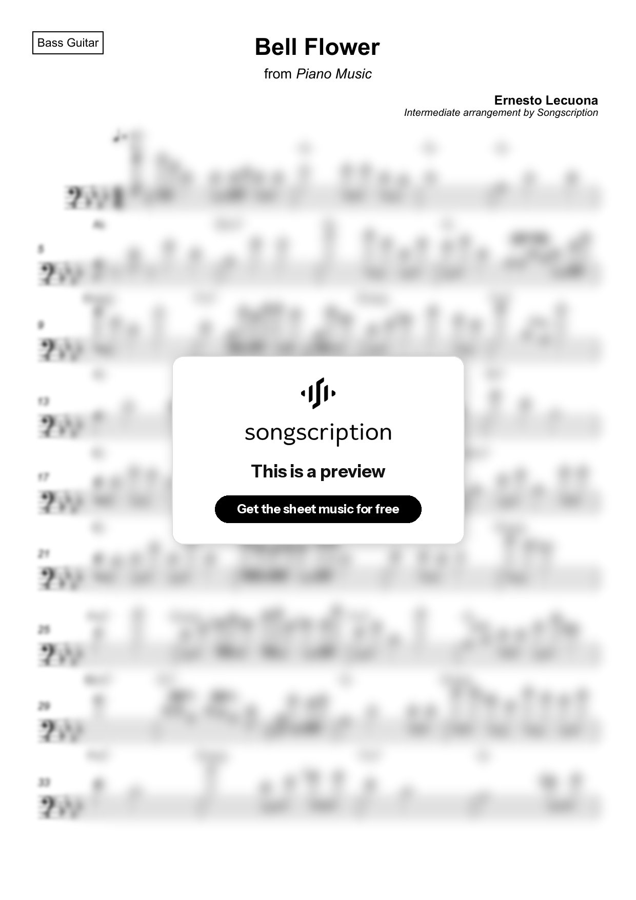 Intermediate Bass Guitar Sheet Music for "Bell Flower" by Ernesto Lecuona