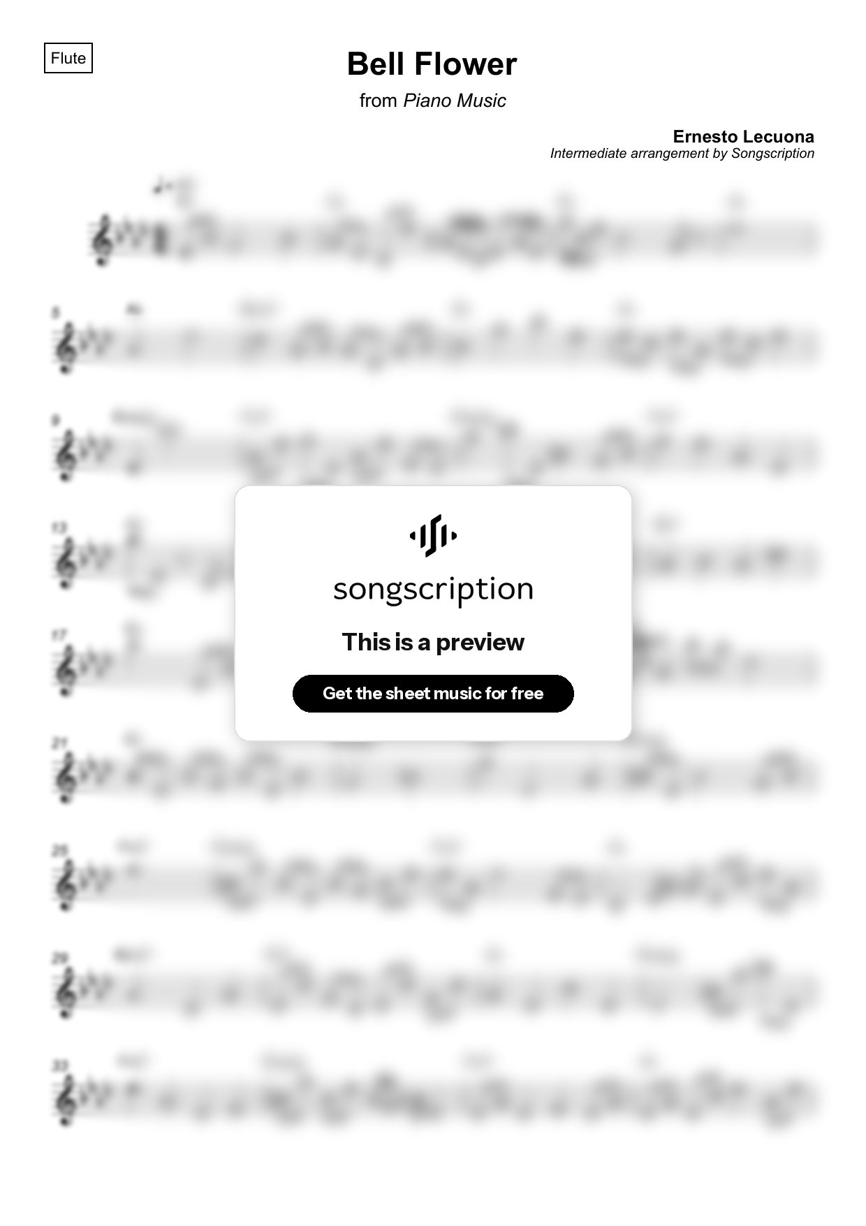 Intermediate Flute Sheet Music for "Bell Flower" by Ernesto Lecuona