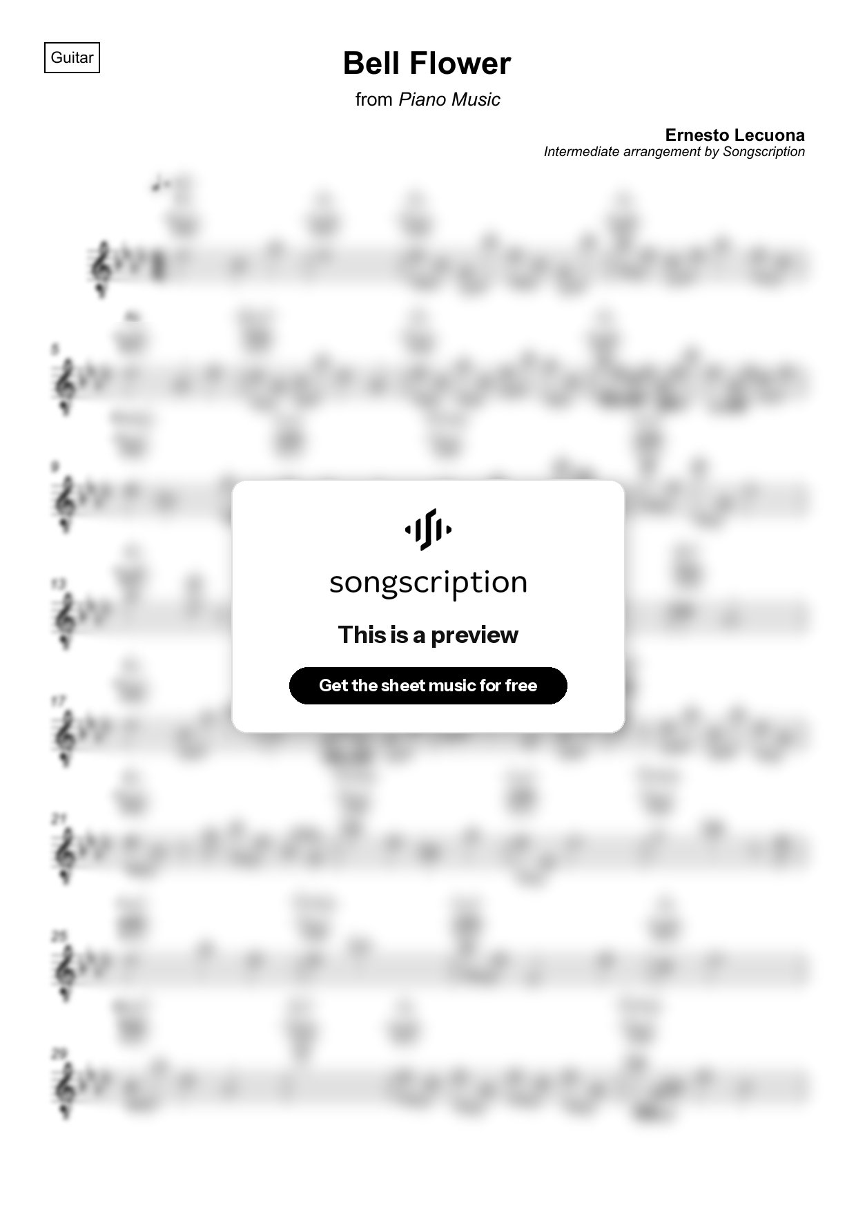 Intermediate Acoustic Guitar Sheet Music for "Bell Flower" by Ernesto Lecuona