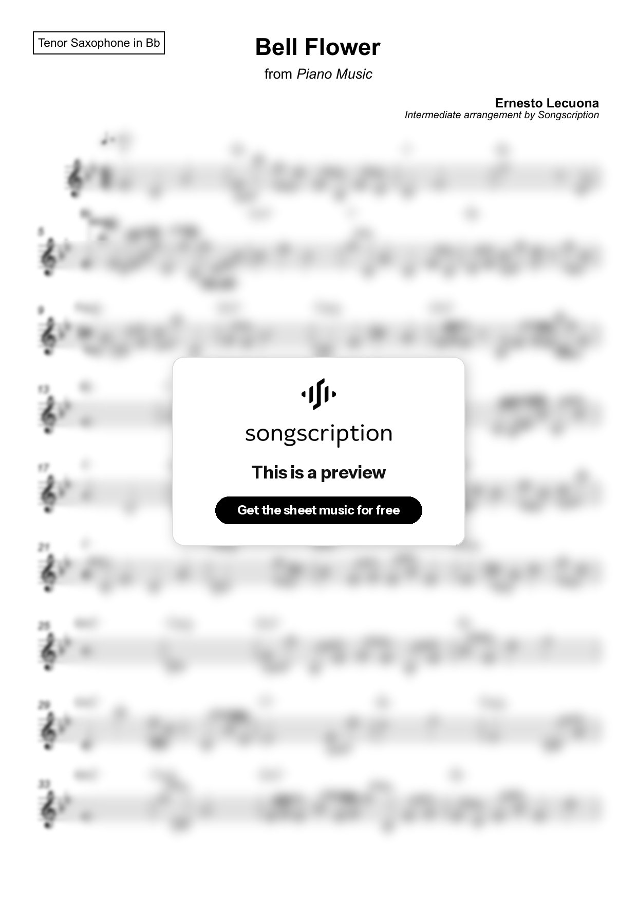 Intermediate Tenor Sax Sheet Music for "Bell Flower" by Ernesto Lecuona