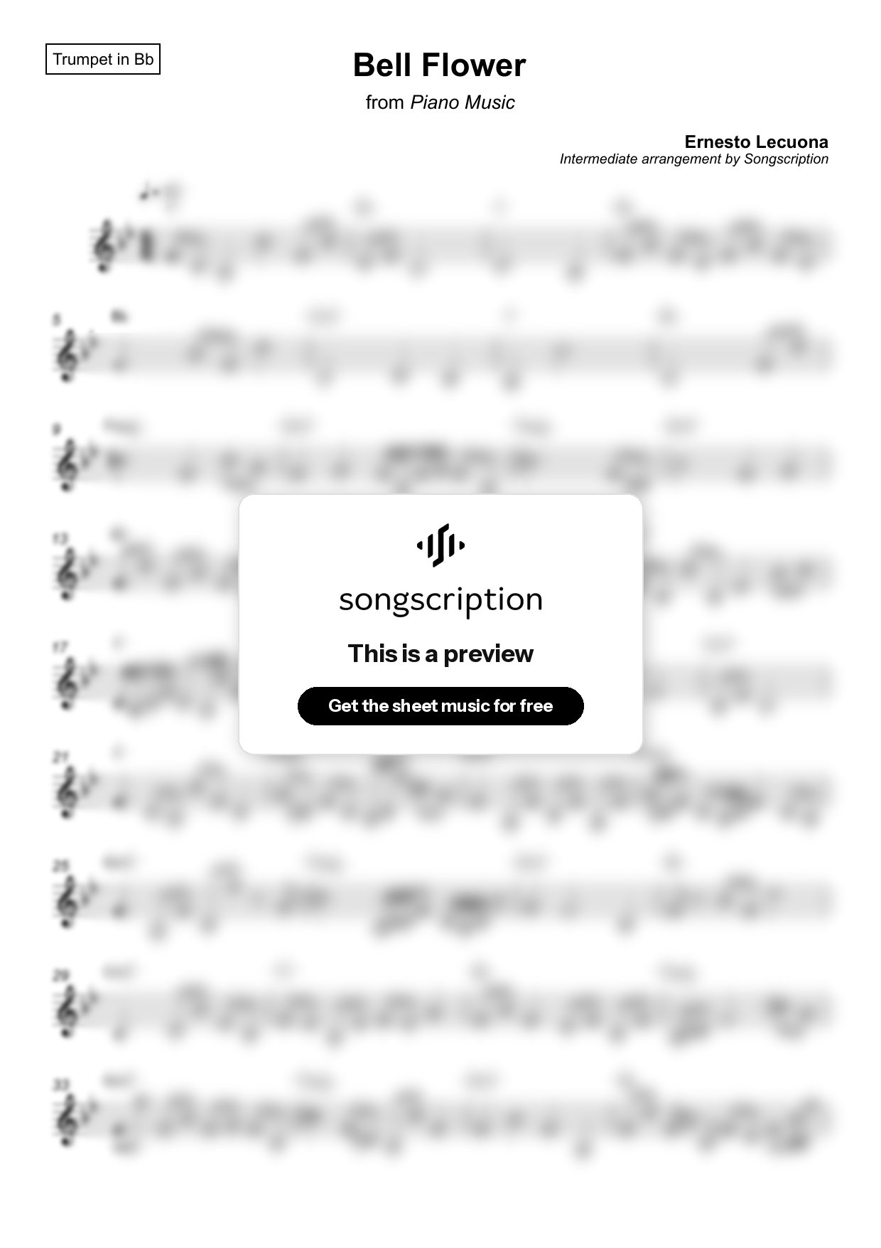 Intermediate Trumpet Sheet Music for "Bell Flower" by Ernesto Lecuona