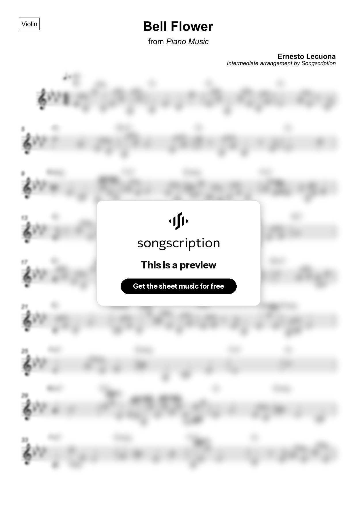 Intermediate Violin Sheet Music for "Bell Flower" by Ernesto Lecuona