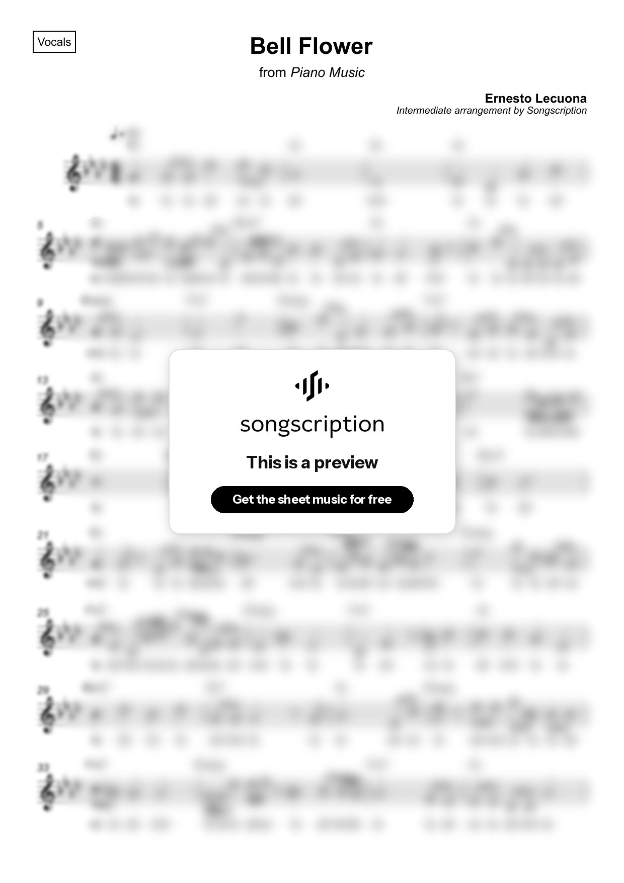 Intermediate Vocals Sheet Music for "Bell Flower" by Ernesto Lecuona