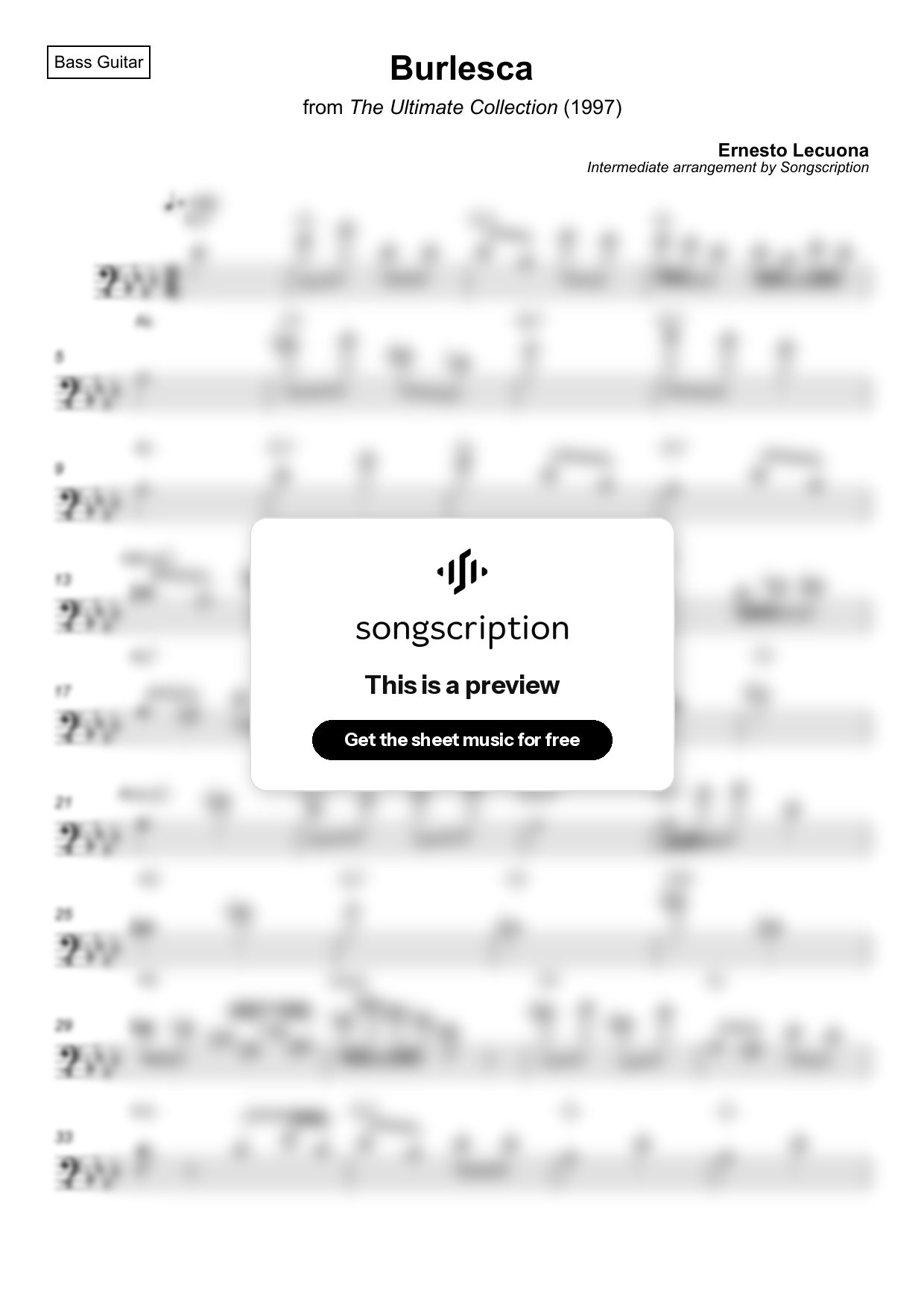 Intermediate Bass Guitar Sheet Music for "Burlesca" by Ernesto Lecuona
