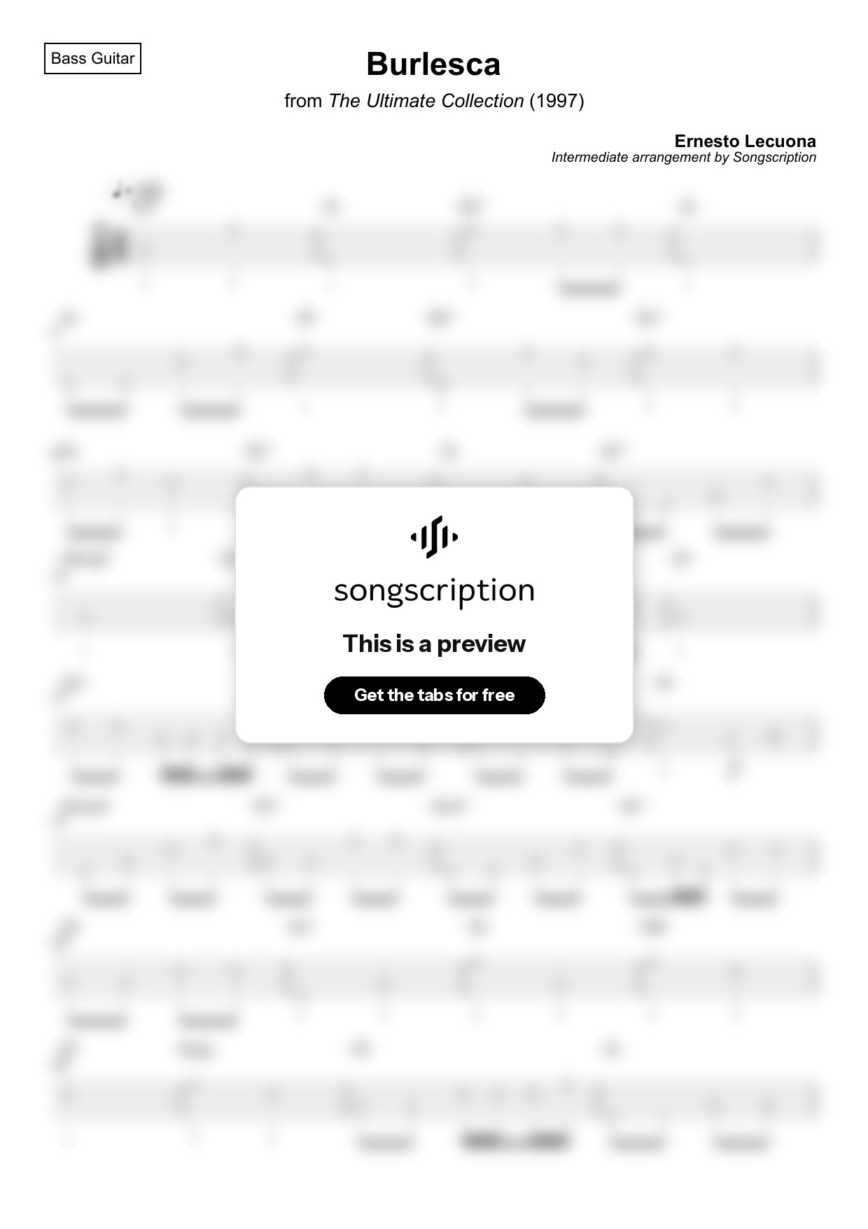 Intermediate Bass Guitar Tabs for "Burlesca" by Ernesto Lecuona