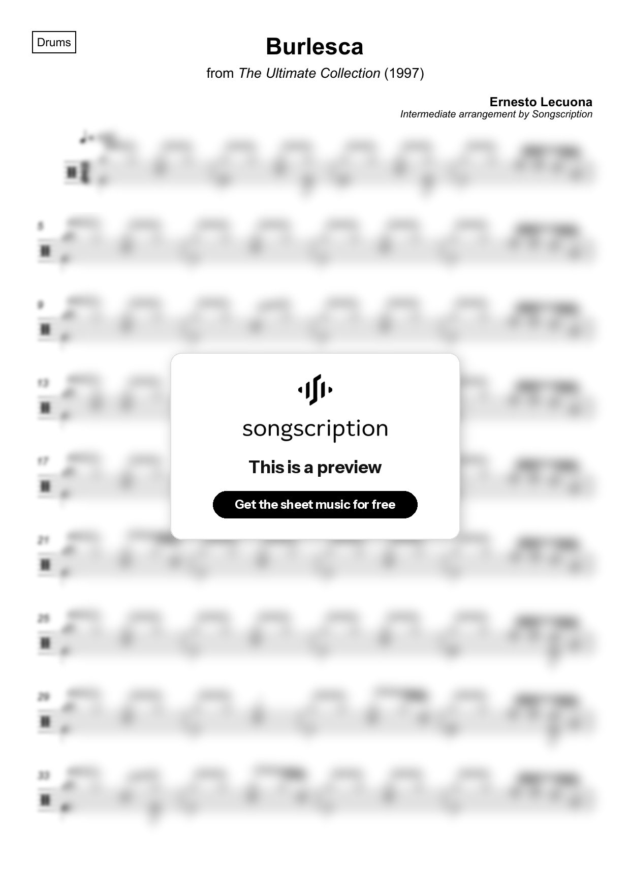 Intermediate Drums Sheet Music for "Burlesca" by Ernesto Lecuona