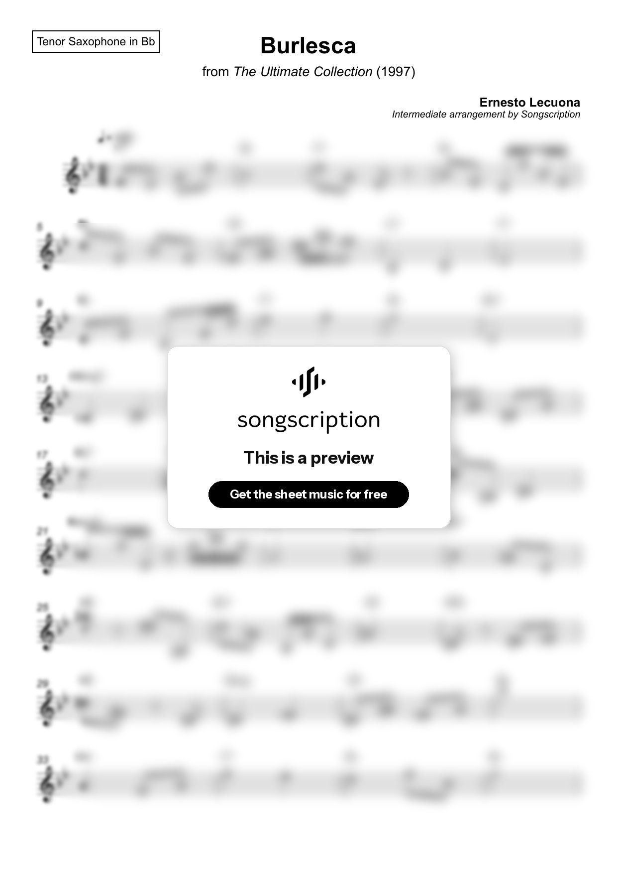 Intermediate Tenor Sax Sheet Music for "Burlesca" by Ernesto Lecuona