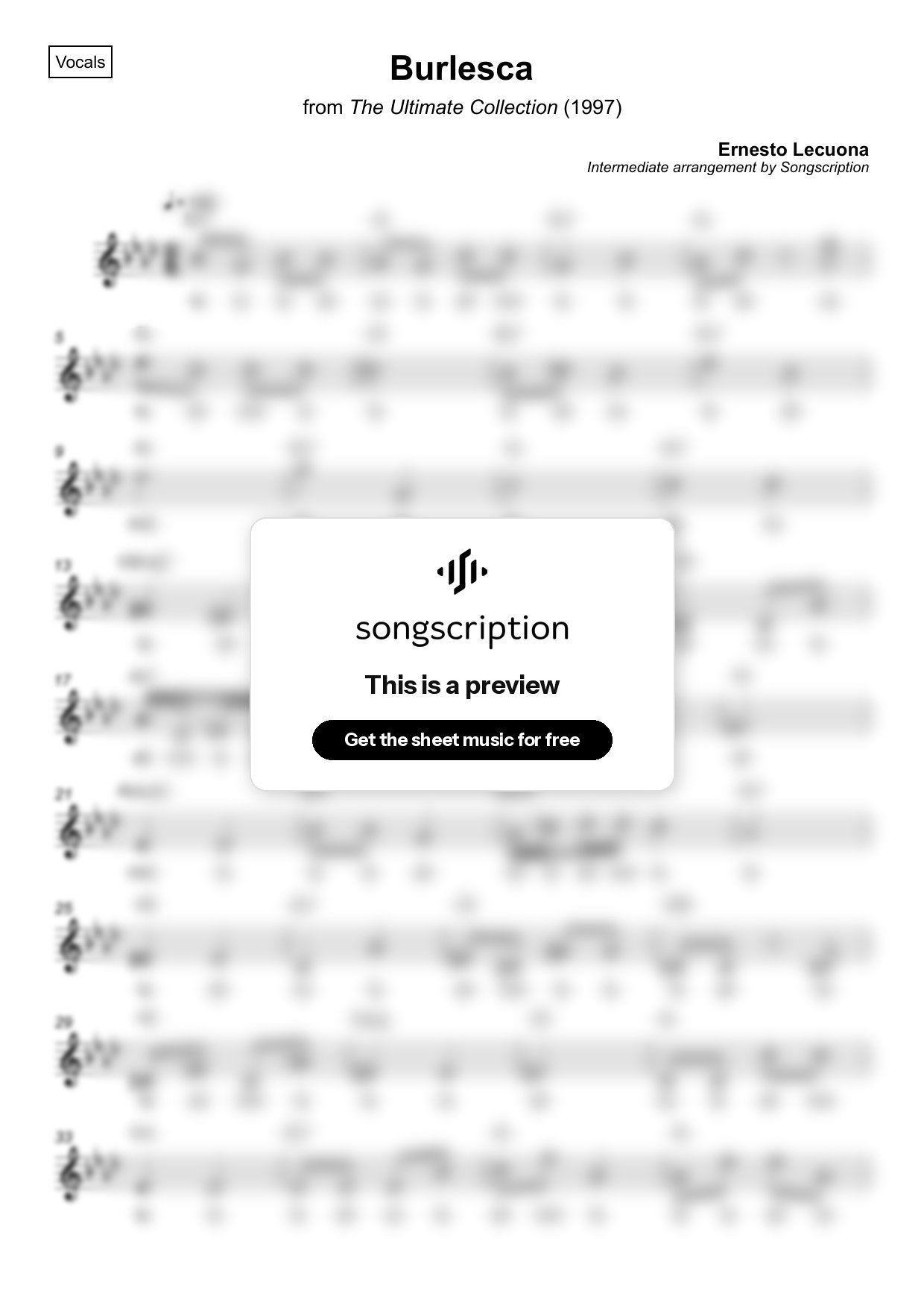 Intermediate Vocals Sheet Music for "Burlesca" by Ernesto Lecuona