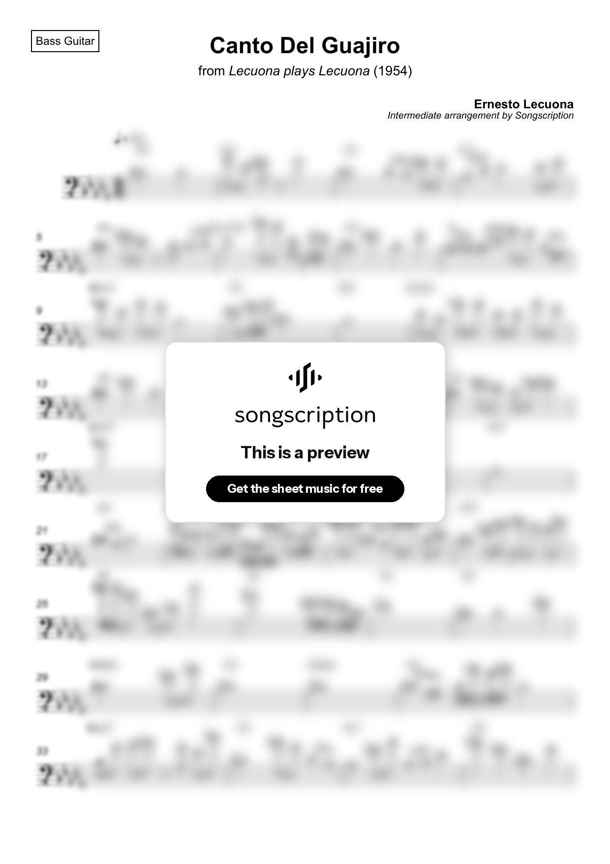 Intermediate Bass Guitar Sheet Music for "Canto Del Guajiro" by Ernesto Lecuona