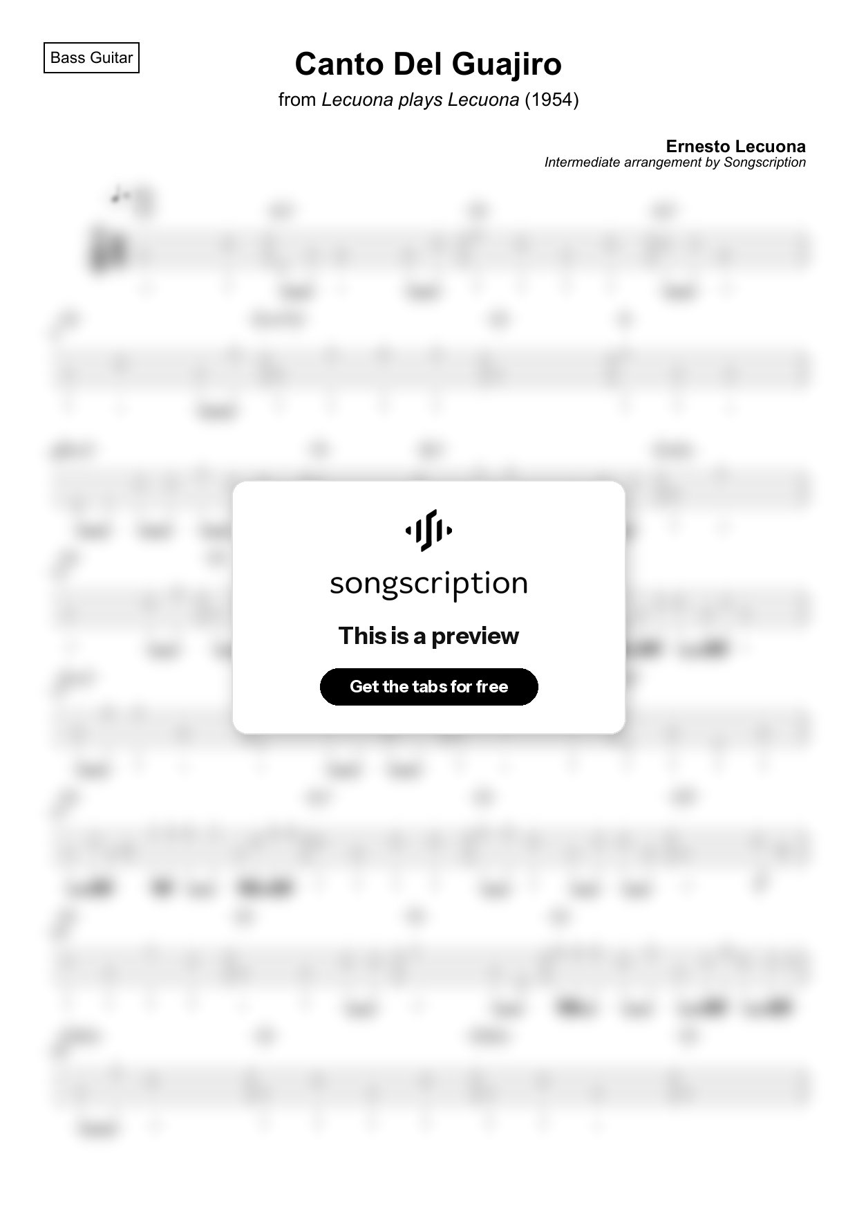 Intermediate Bass Guitar Tabs for "Canto Del Guajiro" by Ernesto Lecuona