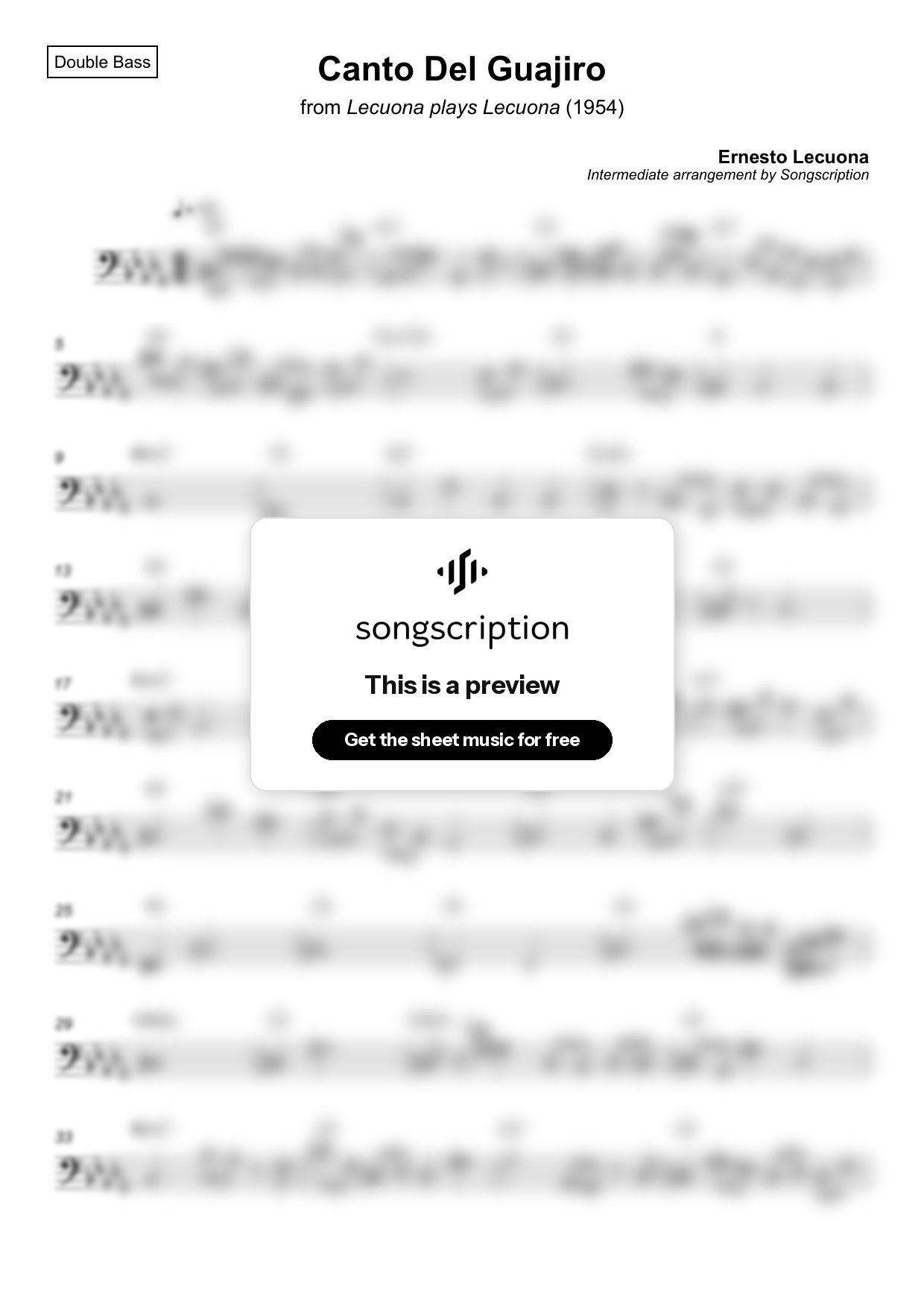 Intermediate Double Bass Sheet Music for "Canto Del Guajiro" by Ernesto Lecuona