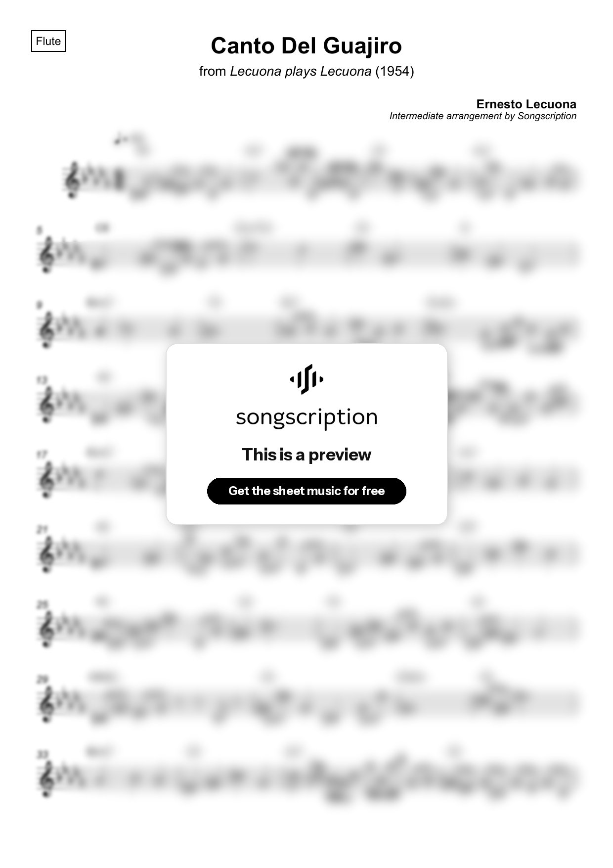 Intermediate Flute Sheet Music for "Canto Del Guajiro" by Ernesto Lecuona