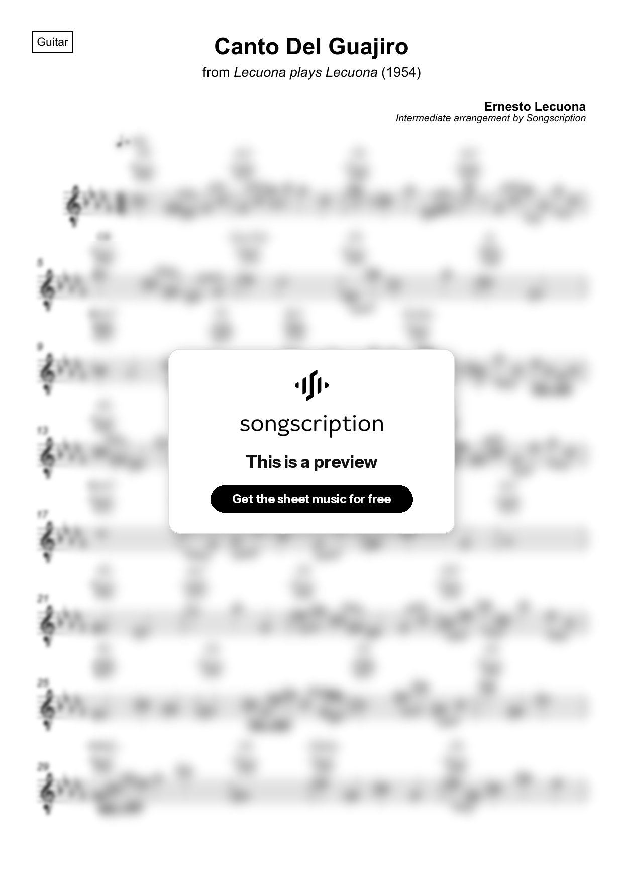 Intermediate Acoustic Guitar Sheet Music for "Canto Del Guajiro" by Ernesto Lecuona