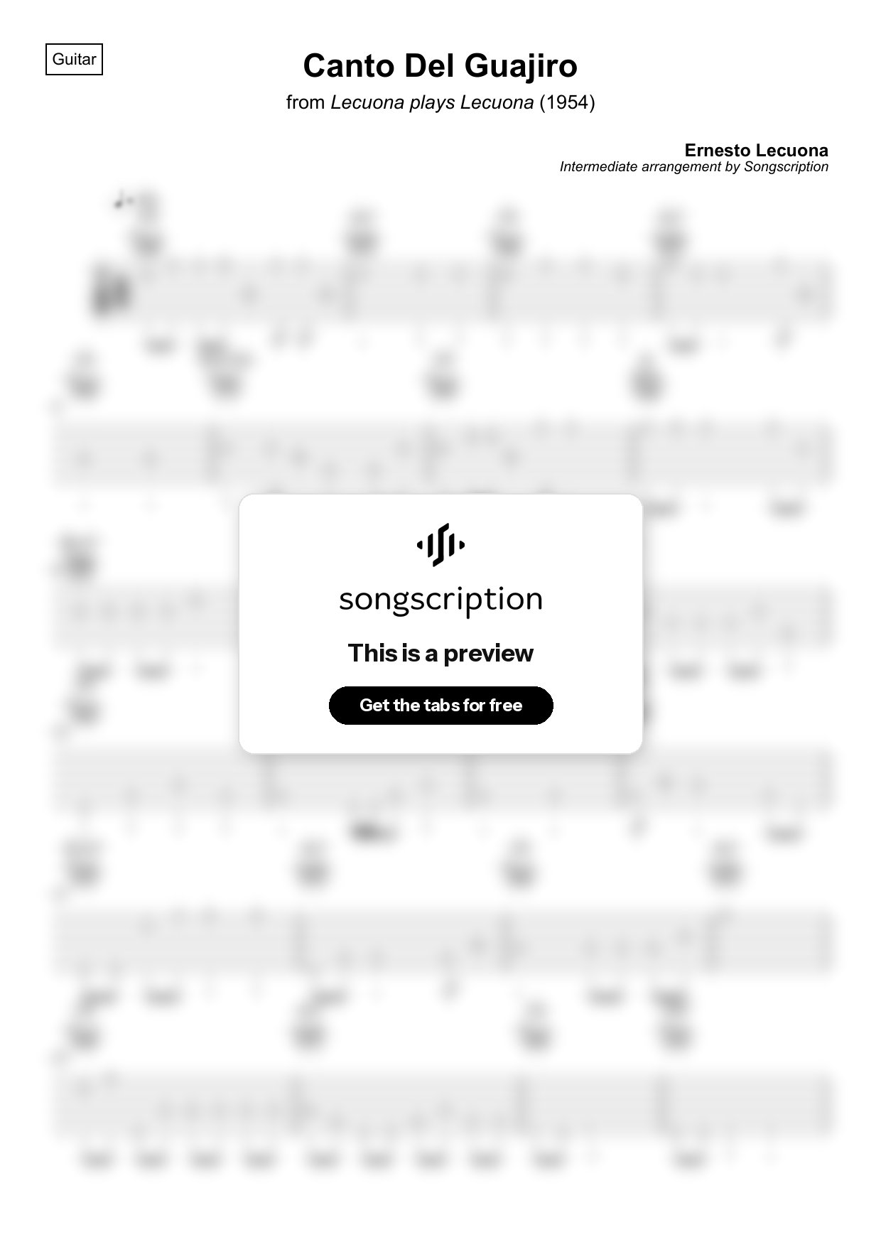 Intermediate Acoustic Guitar Tabs for "Canto Del Guajiro" by Ernesto Lecuona