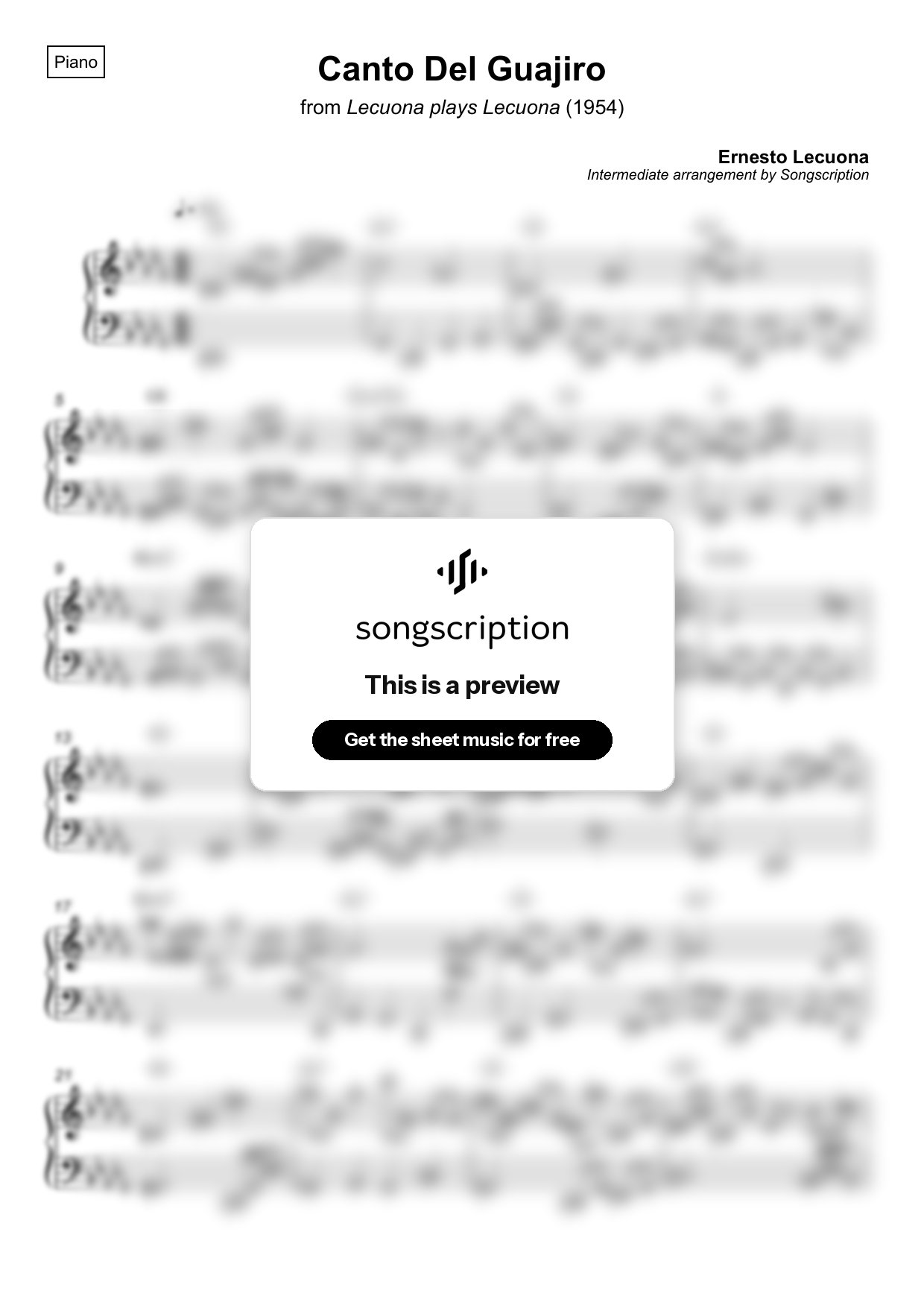 Intermediate Piano Sheet Music for "Canto Del Guajiro" by Ernesto Lecuona
