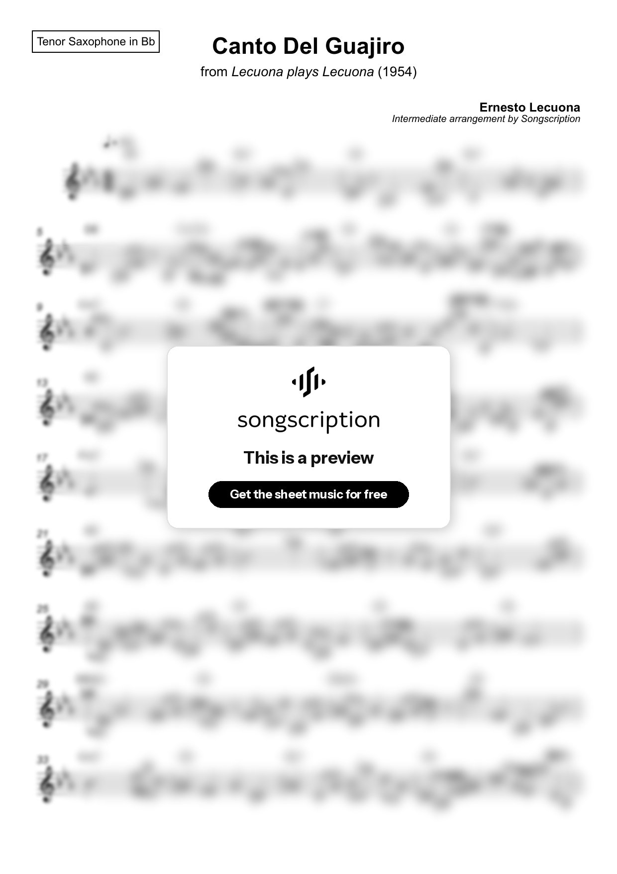 Intermediate Tenor Sax Sheet Music for "Canto Del Guajiro" by Ernesto Lecuona