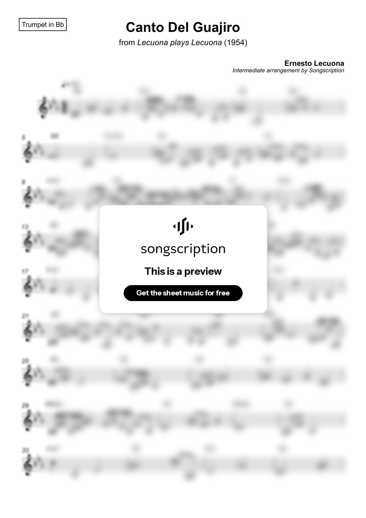 Intermediate Trumpet Sheet Music for "Canto Del Guajiro" by Ernesto Lecuona