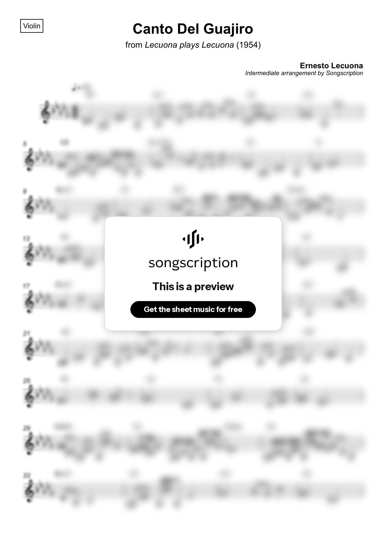 Intermediate Violin Sheet Music for "Canto Del Guajiro" by Ernesto Lecuona