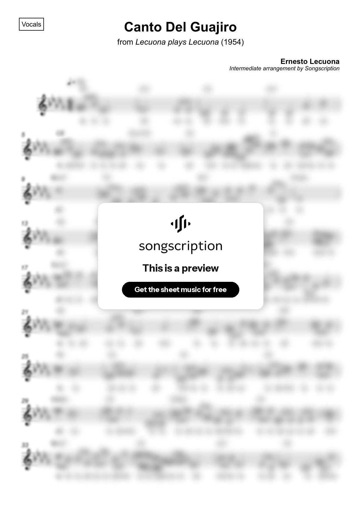 Intermediate Vocals Sheet Music for "Canto Del Guajiro" by Ernesto Lecuona
