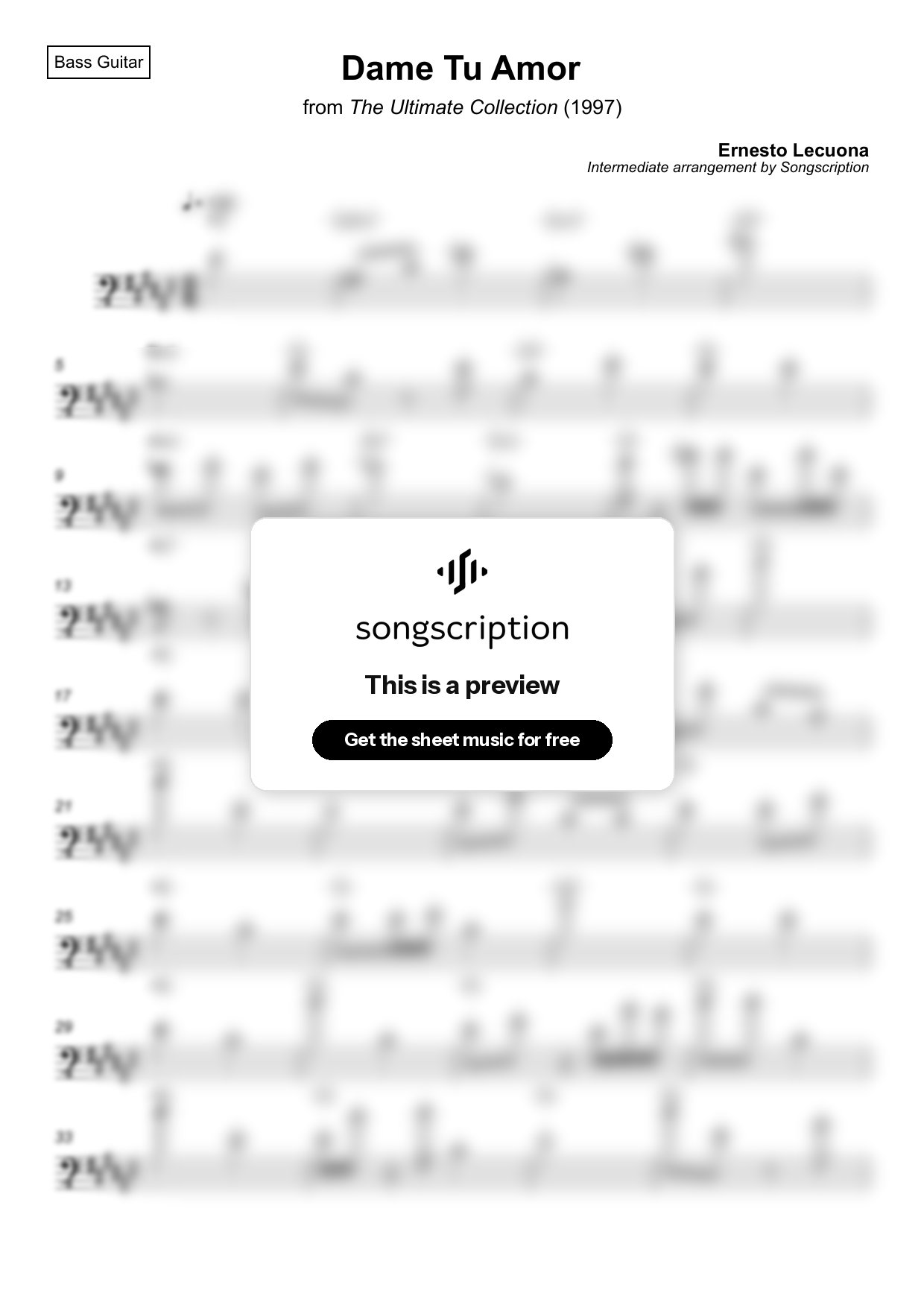 Intermediate Bass Guitar Sheet Music for "Dame Tu Amor" by Ernesto Lecuona