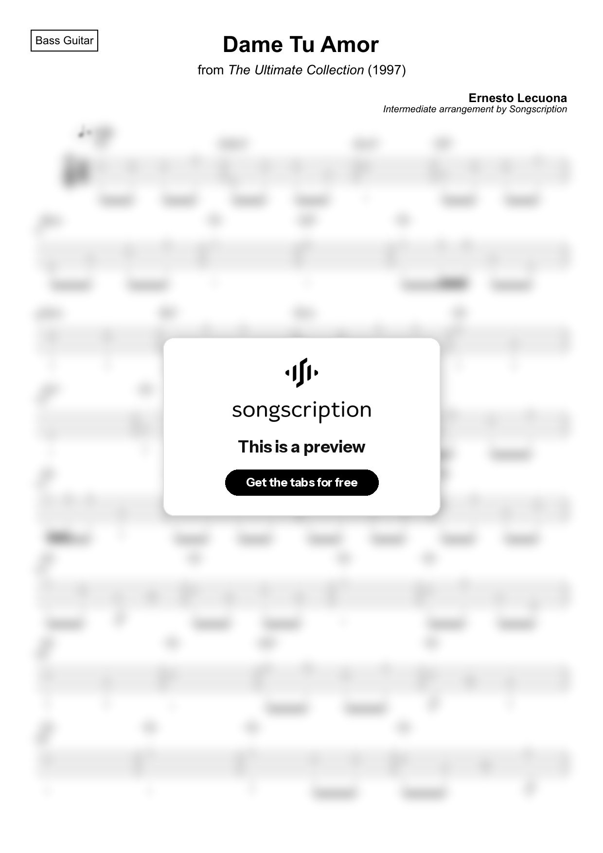 Intermediate Bass Guitar Tabs for "Dame Tu Amor" by Ernesto Lecuona