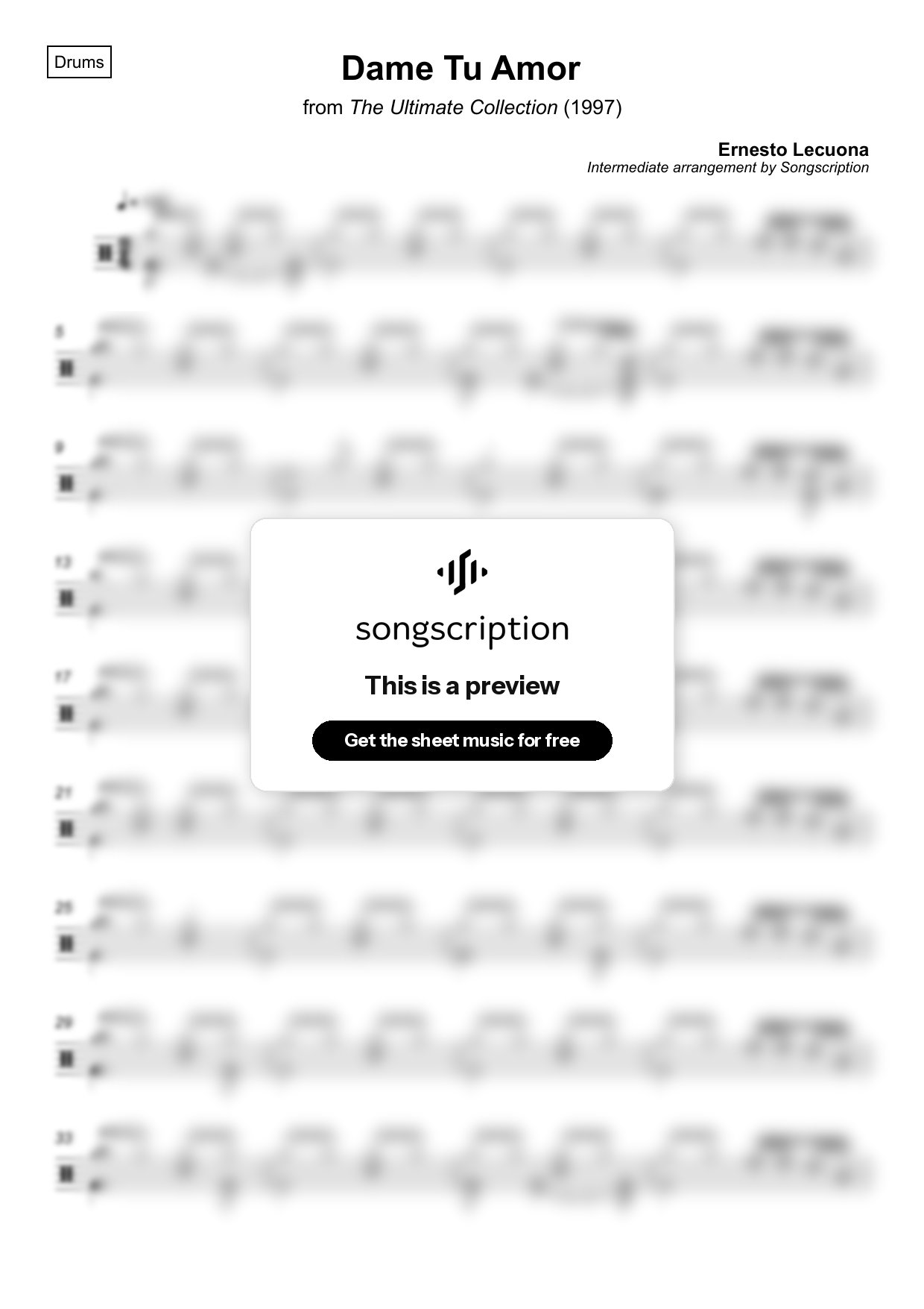 Intermediate Drums Sheet Music for "Dame Tu Amor" by Ernesto Lecuona