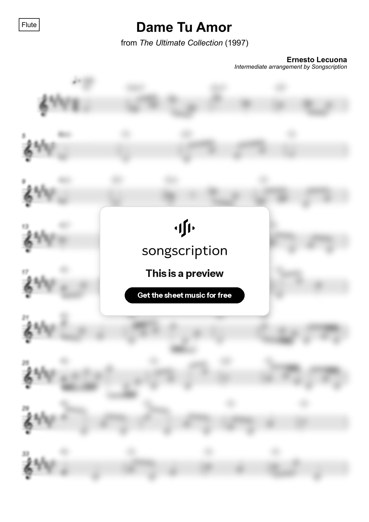 Intermediate Flute Sheet Music for "Dame Tu Amor" by Ernesto Lecuona