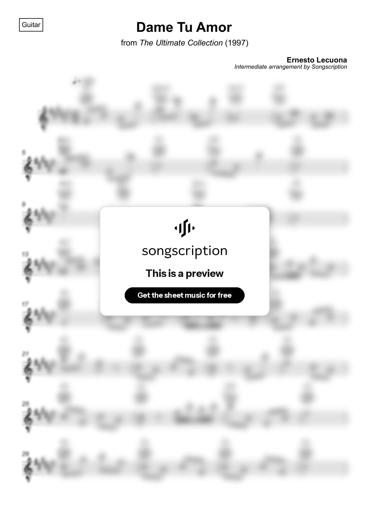 Intermediate Acoustic Guitar Sheet Music for "Dame Tu Amor" by Ernesto Lecuona