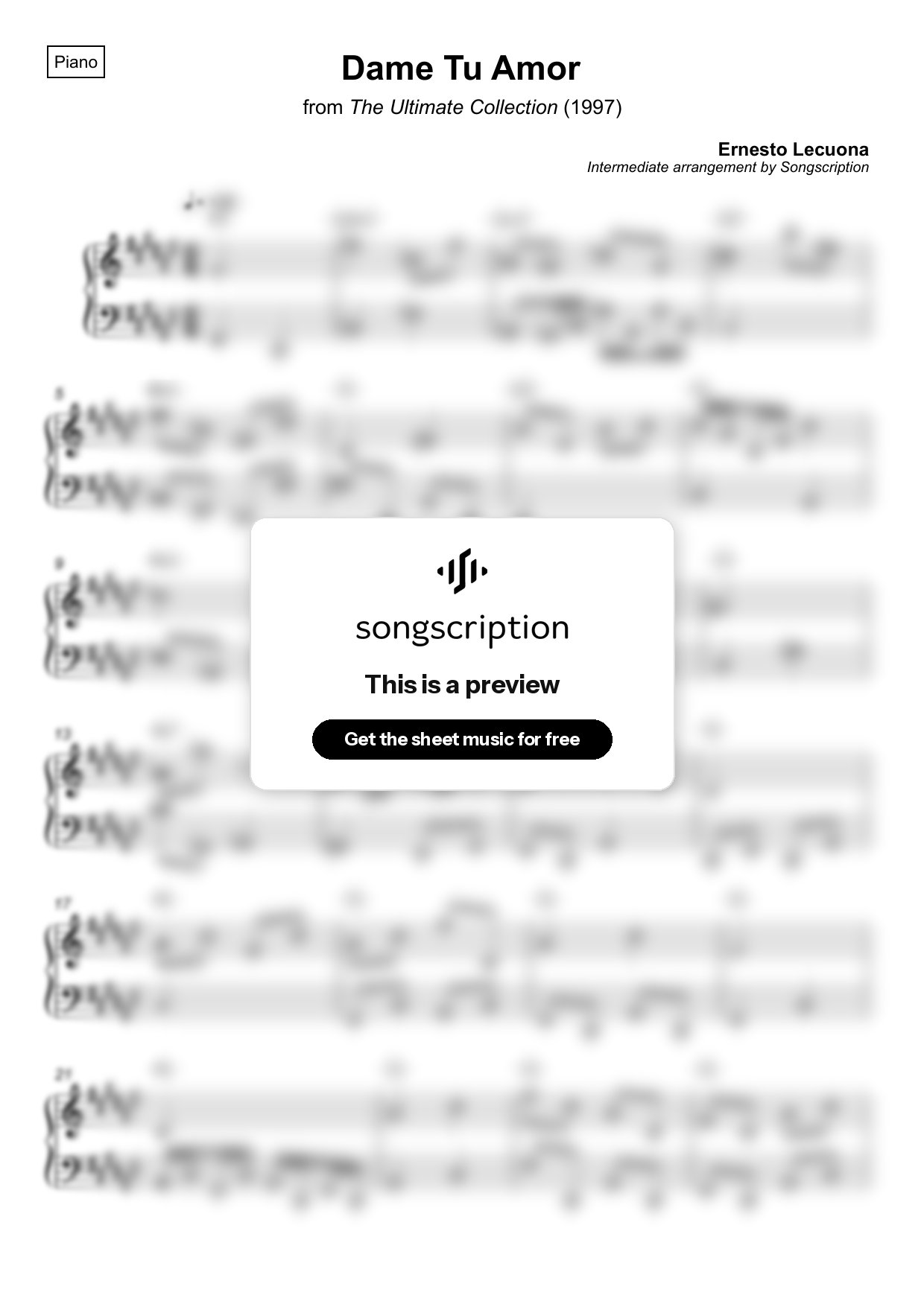 Intermediate Piano Sheet Music for "Dame Tu Amor" by Ernesto Lecuona