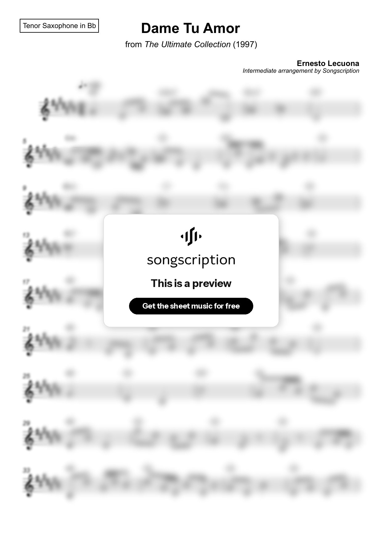 Intermediate Tenor Sax Sheet Music for "Dame Tu Amor" by Ernesto Lecuona