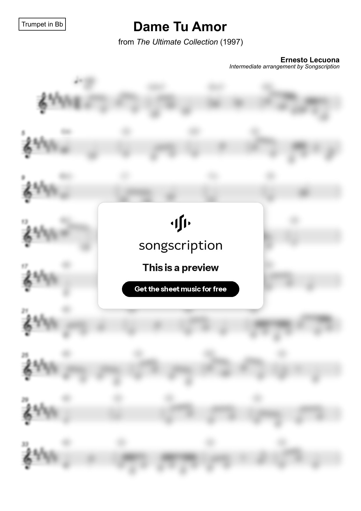 Intermediate Trumpet Sheet Music for "Dame Tu Amor" by Ernesto Lecuona