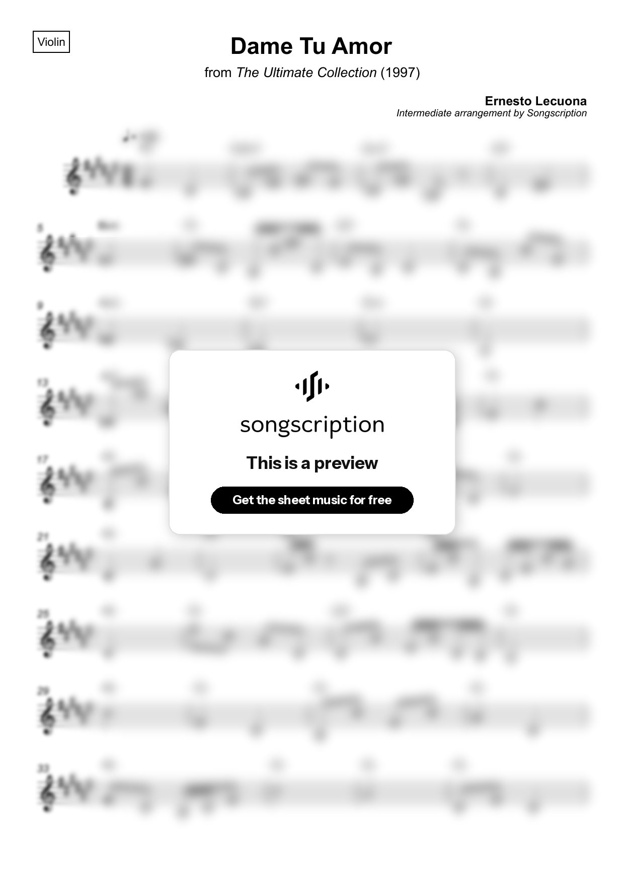 Intermediate Violin Sheet Music for "Dame Tu Amor" by Ernesto Lecuona