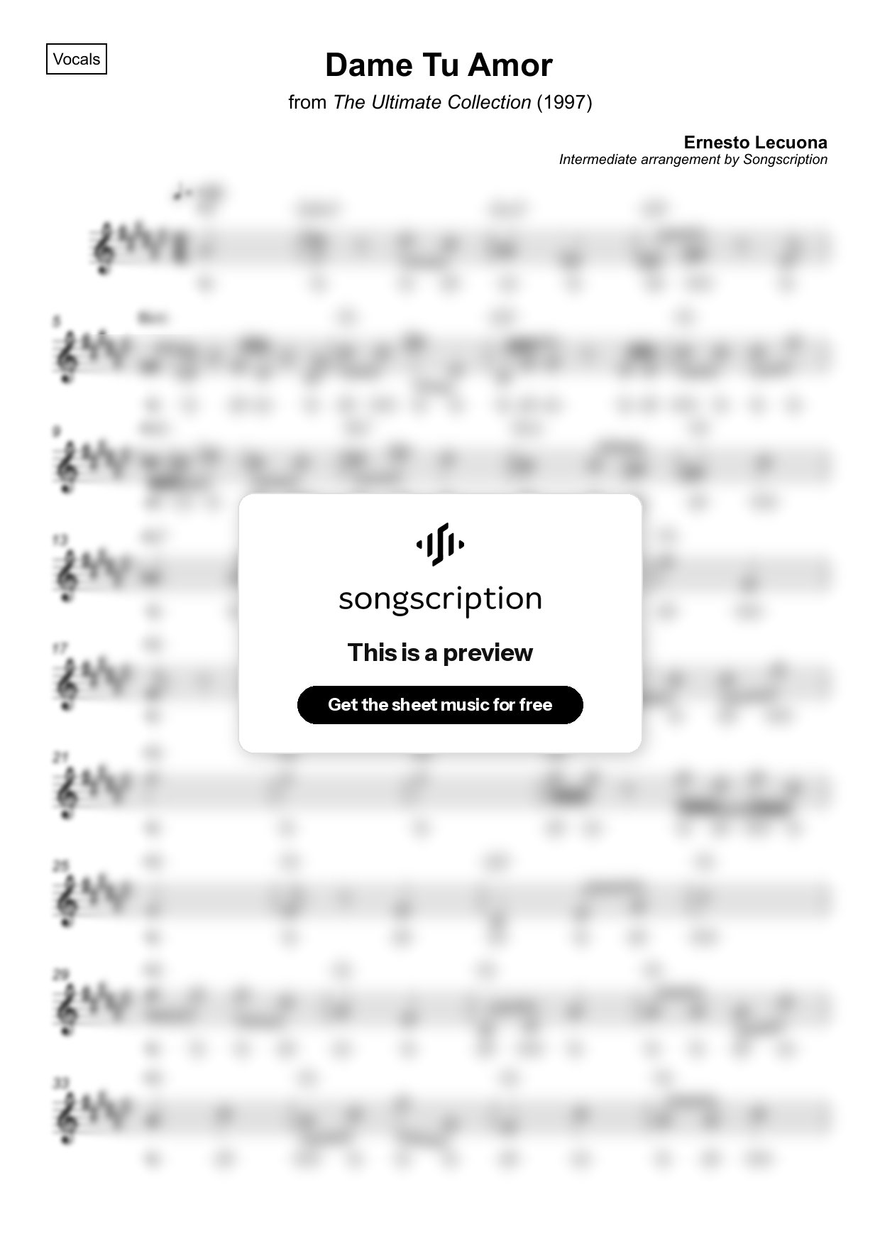 Intermediate Vocals Sheet Music for "Dame Tu Amor" by Ernesto Lecuona
