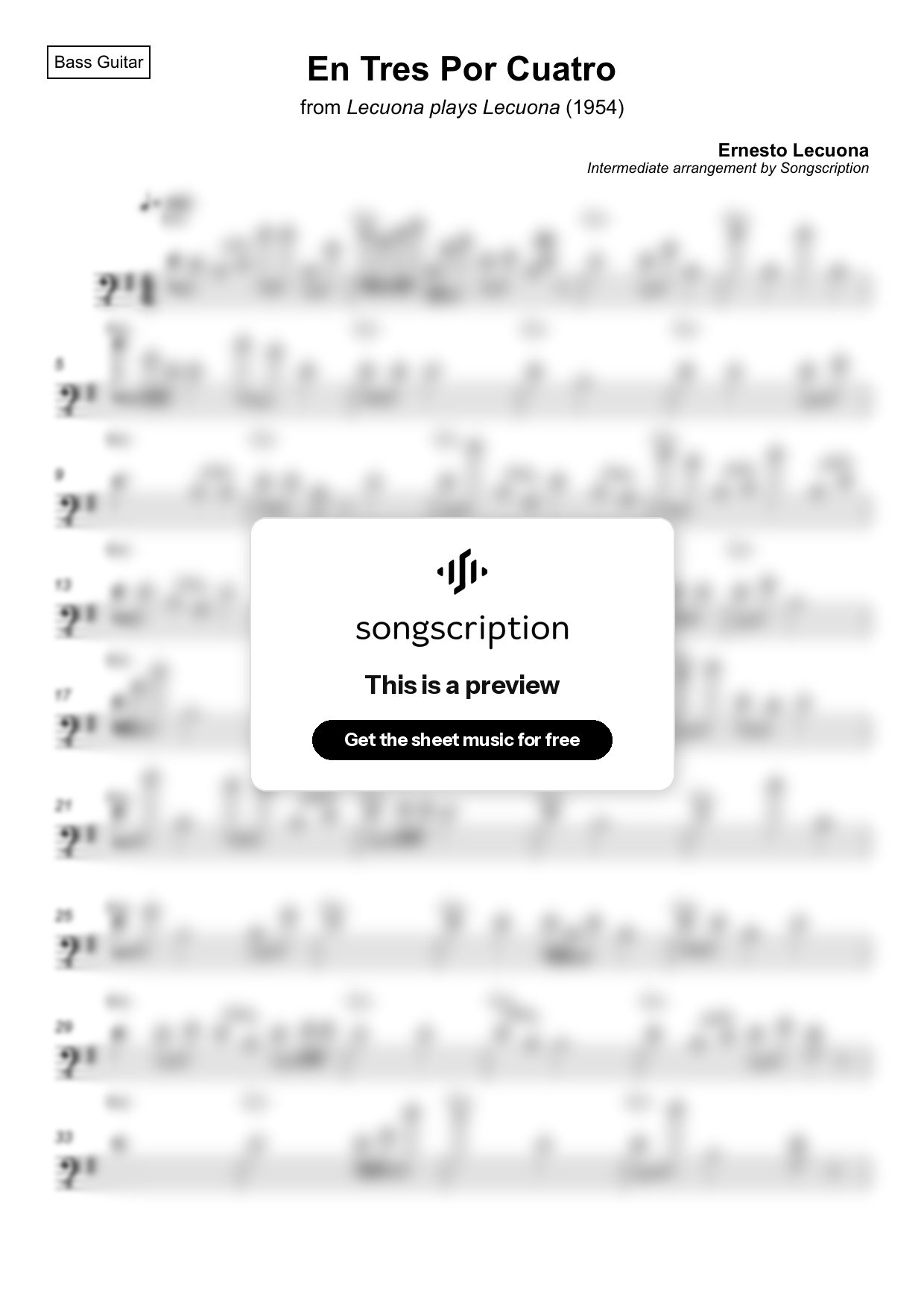 Intermediate Bass Guitar Sheet Music for "En Tres Por Cuatro" by Ernesto Lecuona