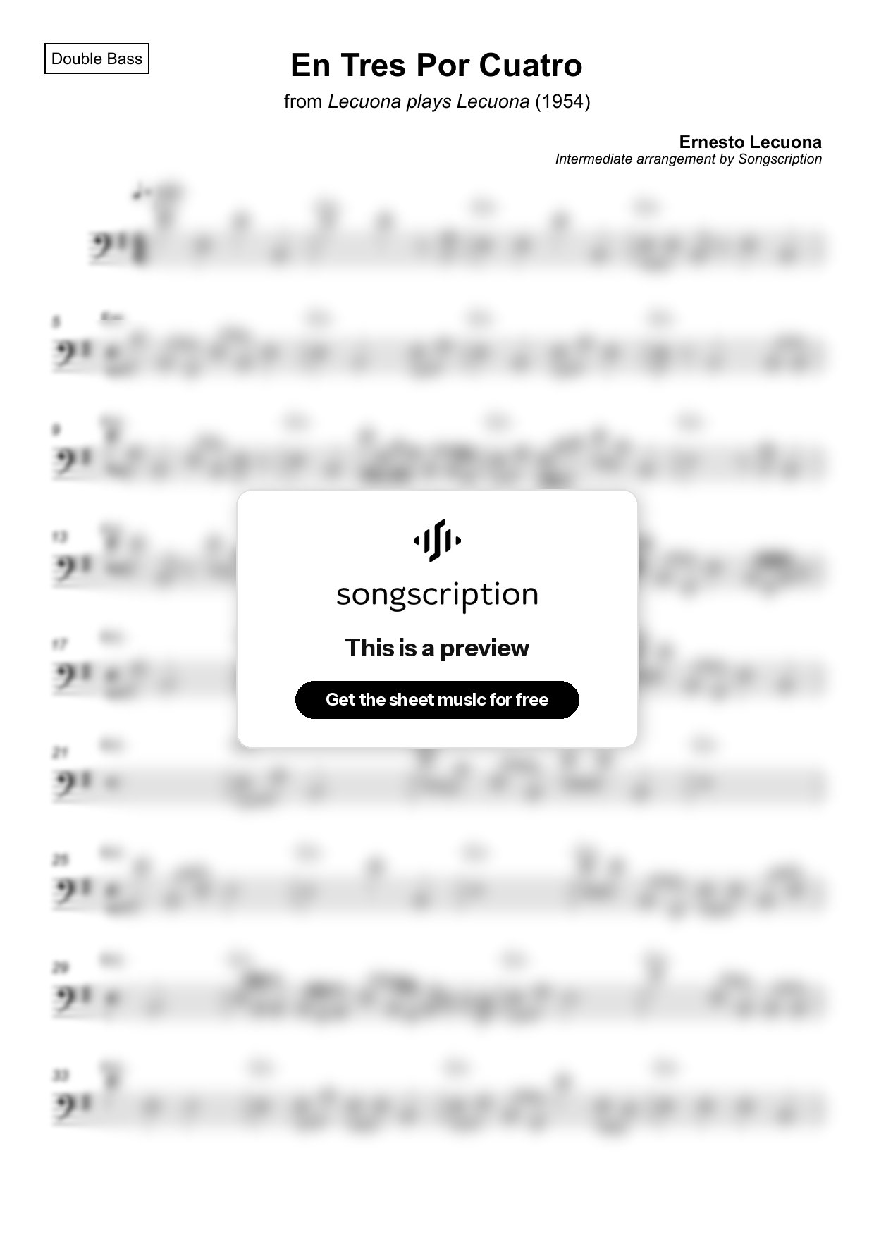 Intermediate Double Bass Sheet Music for "En Tres Por Cuatro" by Ernesto Lecuona
